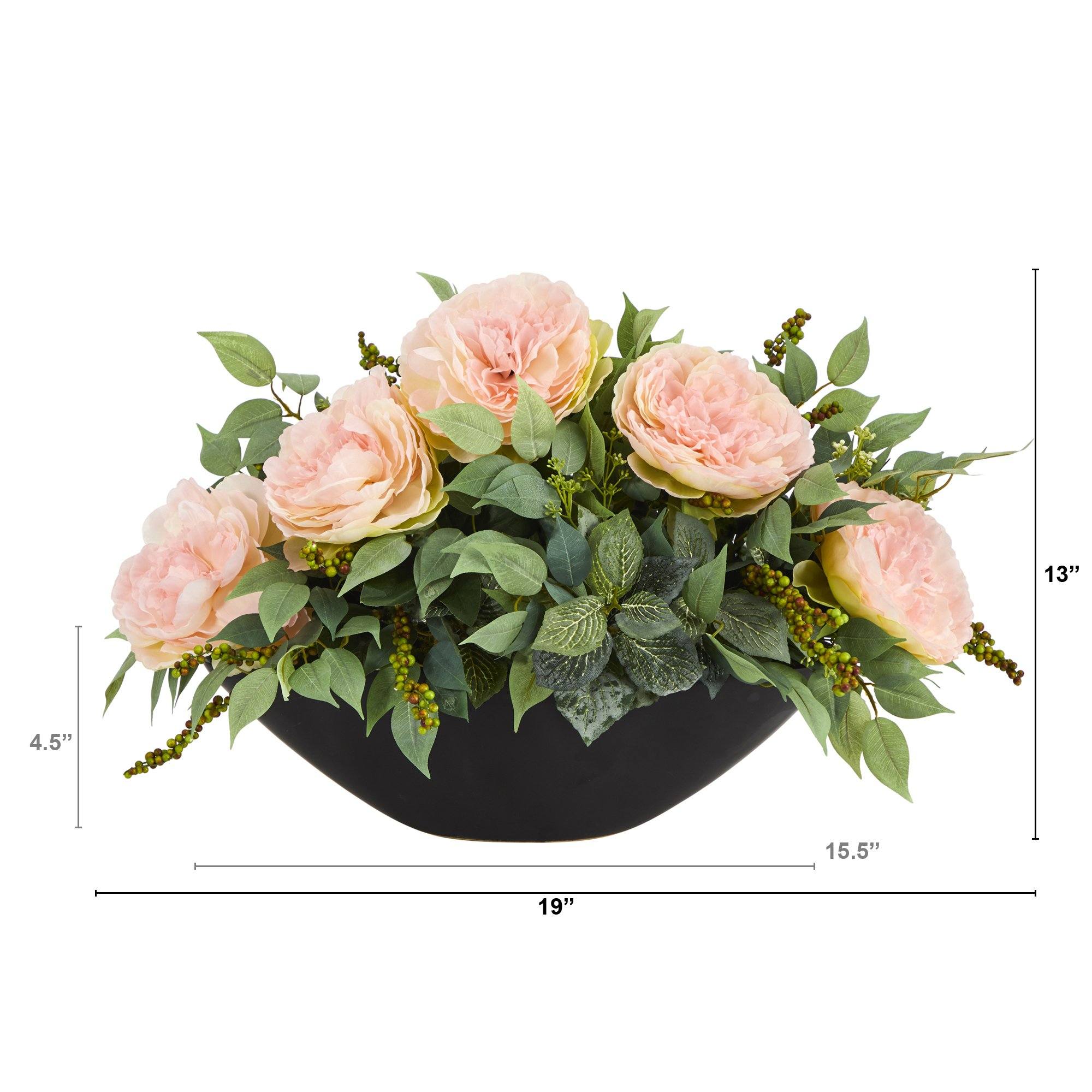 19” Peony and Mixed Greens Artificial Arrangement in Black Vase - Image 2