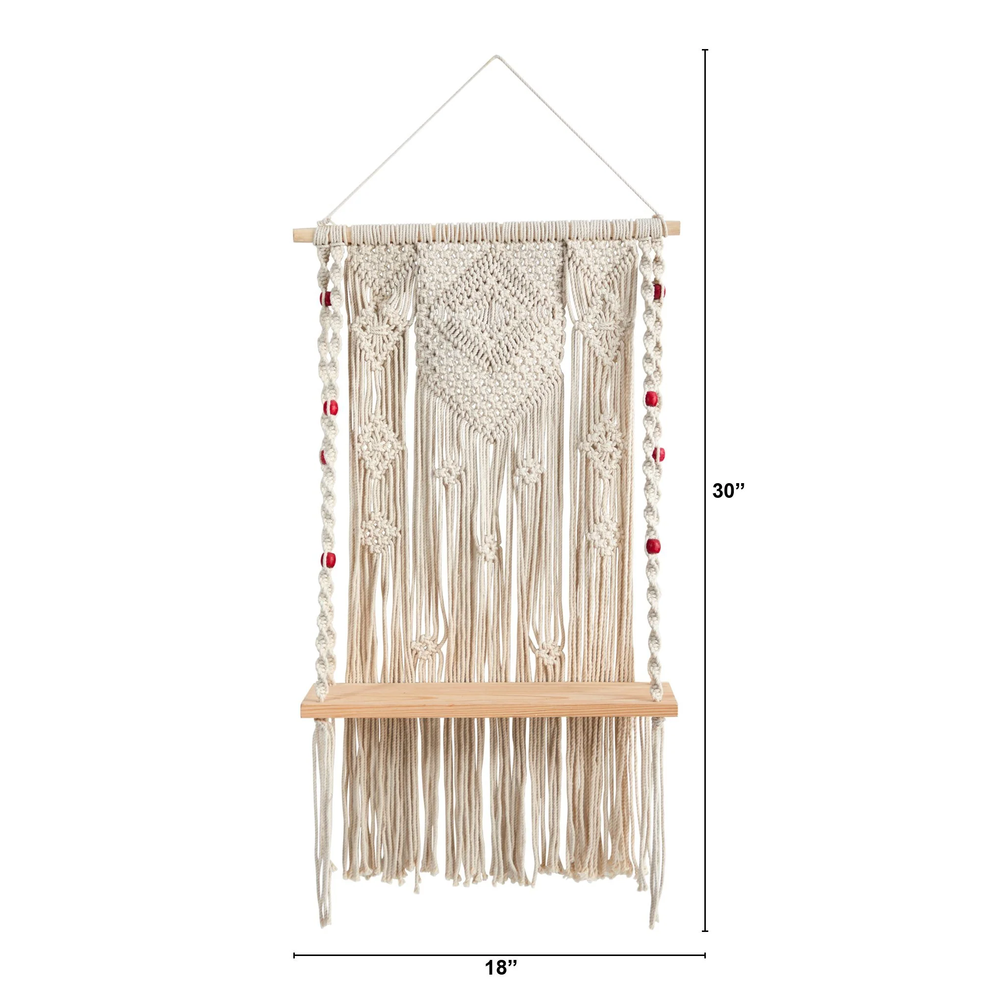 2.5’ x 1.5’ Bohemian Macrame Wall Hanging with Wooden Shelf - Image 2