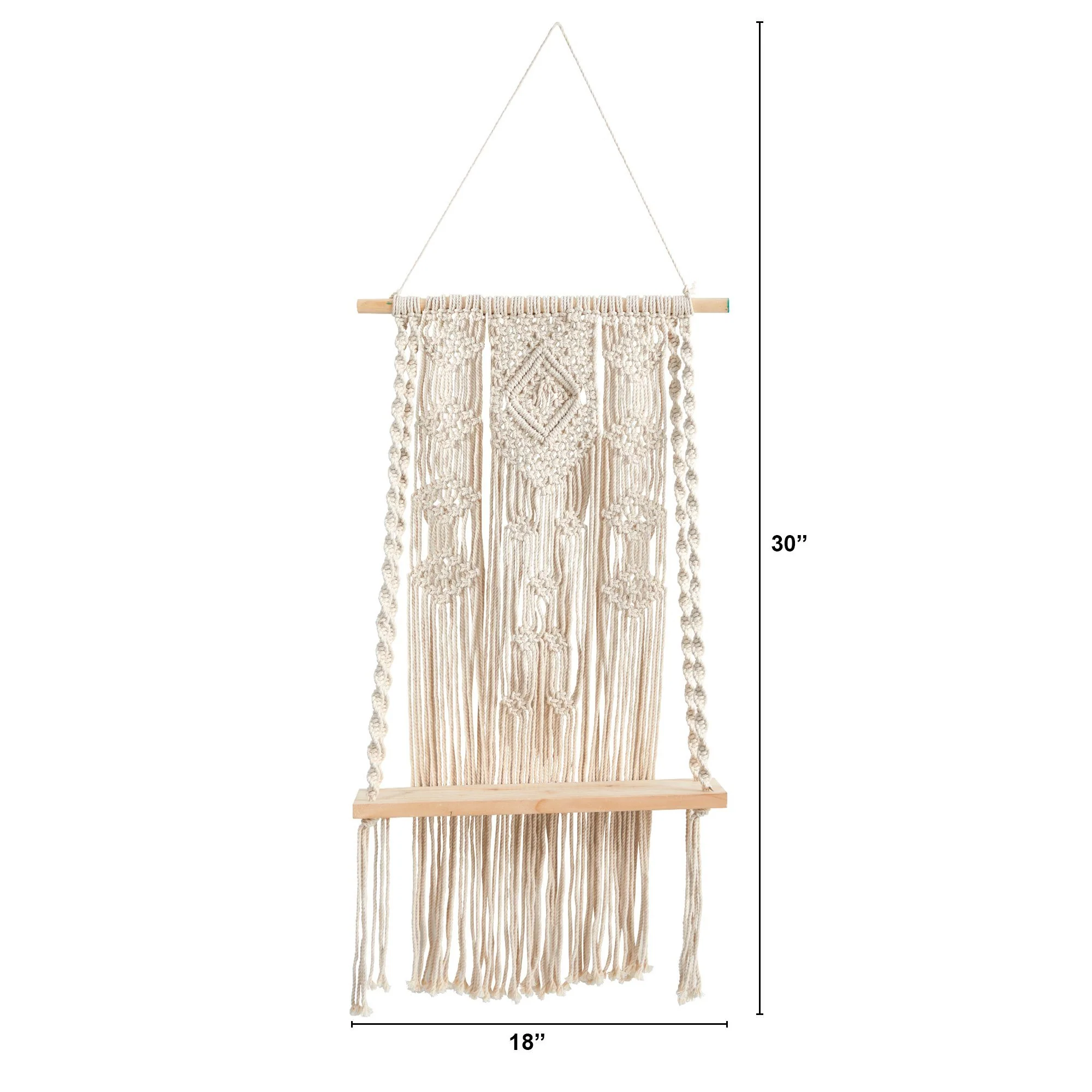 2.5’ x 1.5’ Hand Crafted Woven Macrame Wall Hanging with Wooden Shelf - Image 2