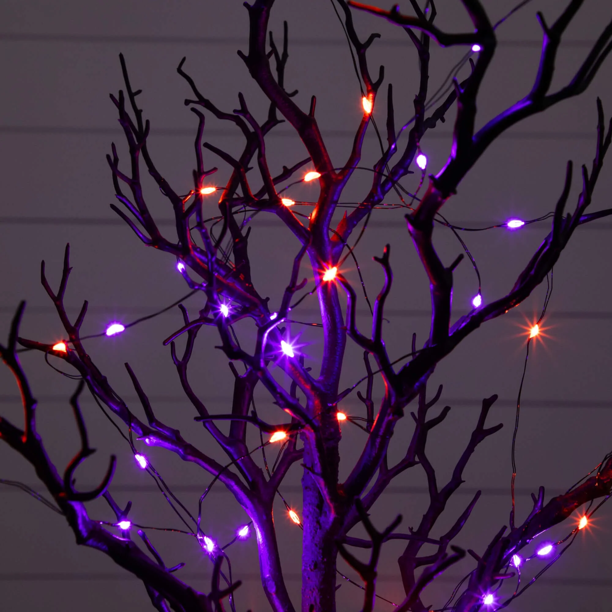 2' Pre-Lit Artificial Halloween Black Spooky Twig Tree with 60 Orange & Purple Copper Wire String LED Lights - Image 2