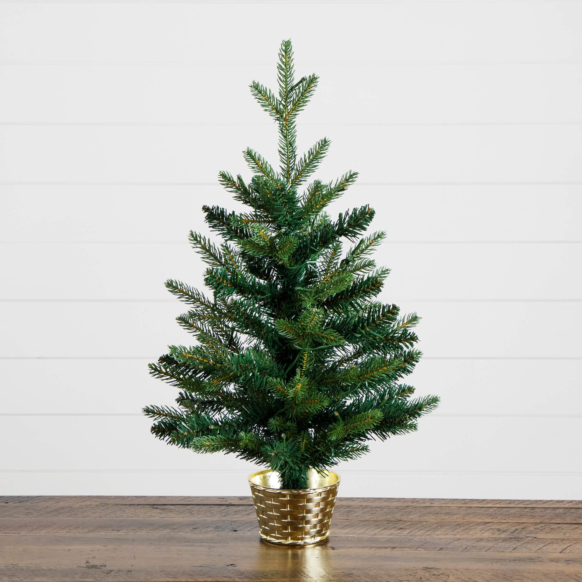 2' Pre-Lit Artificial Classic Christmas Tree with 35 Warm White LED Lights in Gold Decorative Planter - Image 4