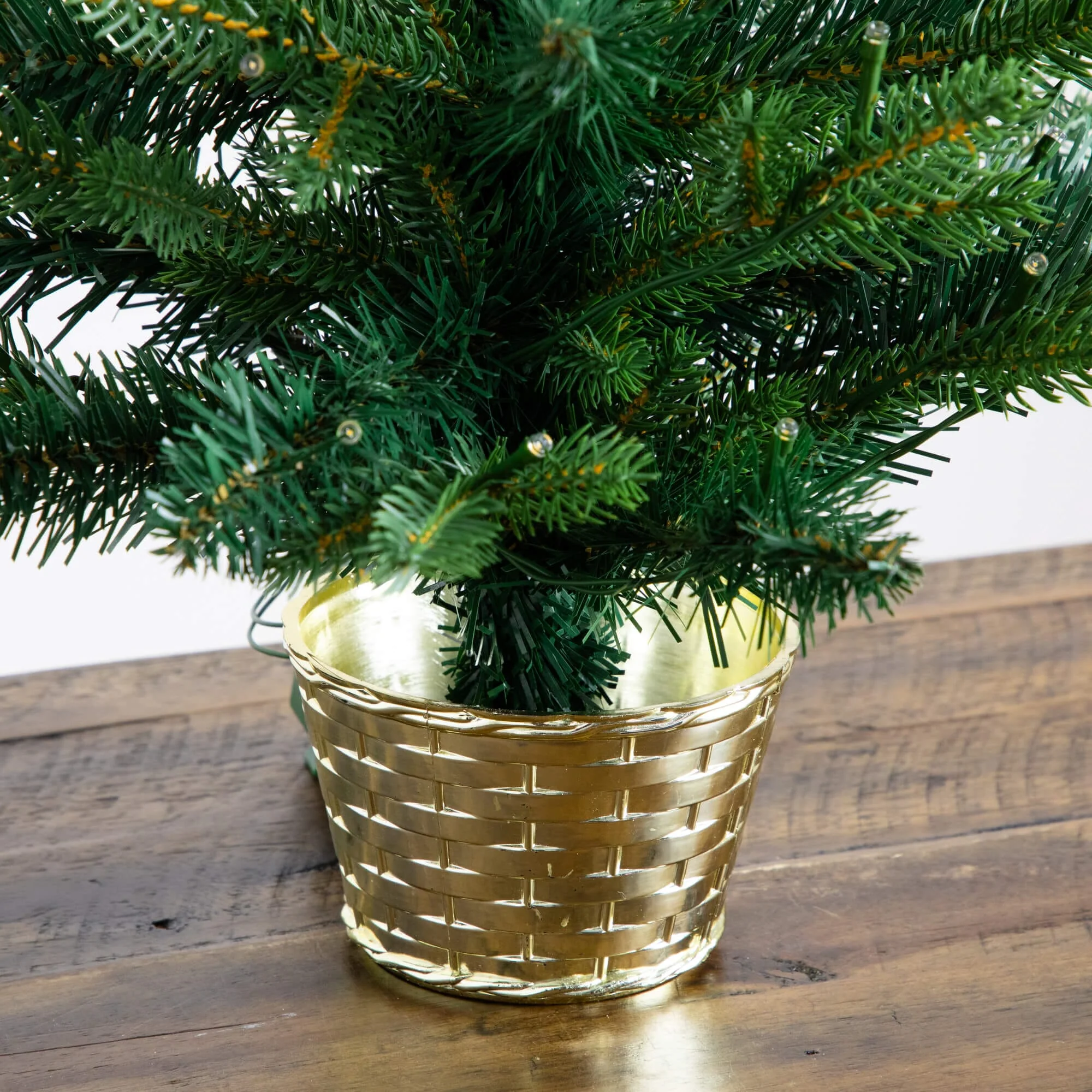 2' Pre-Lit Artificial Classic Christmas Tree with 35 Warm White LED Lights in Gold Decorative Planter - Image 6