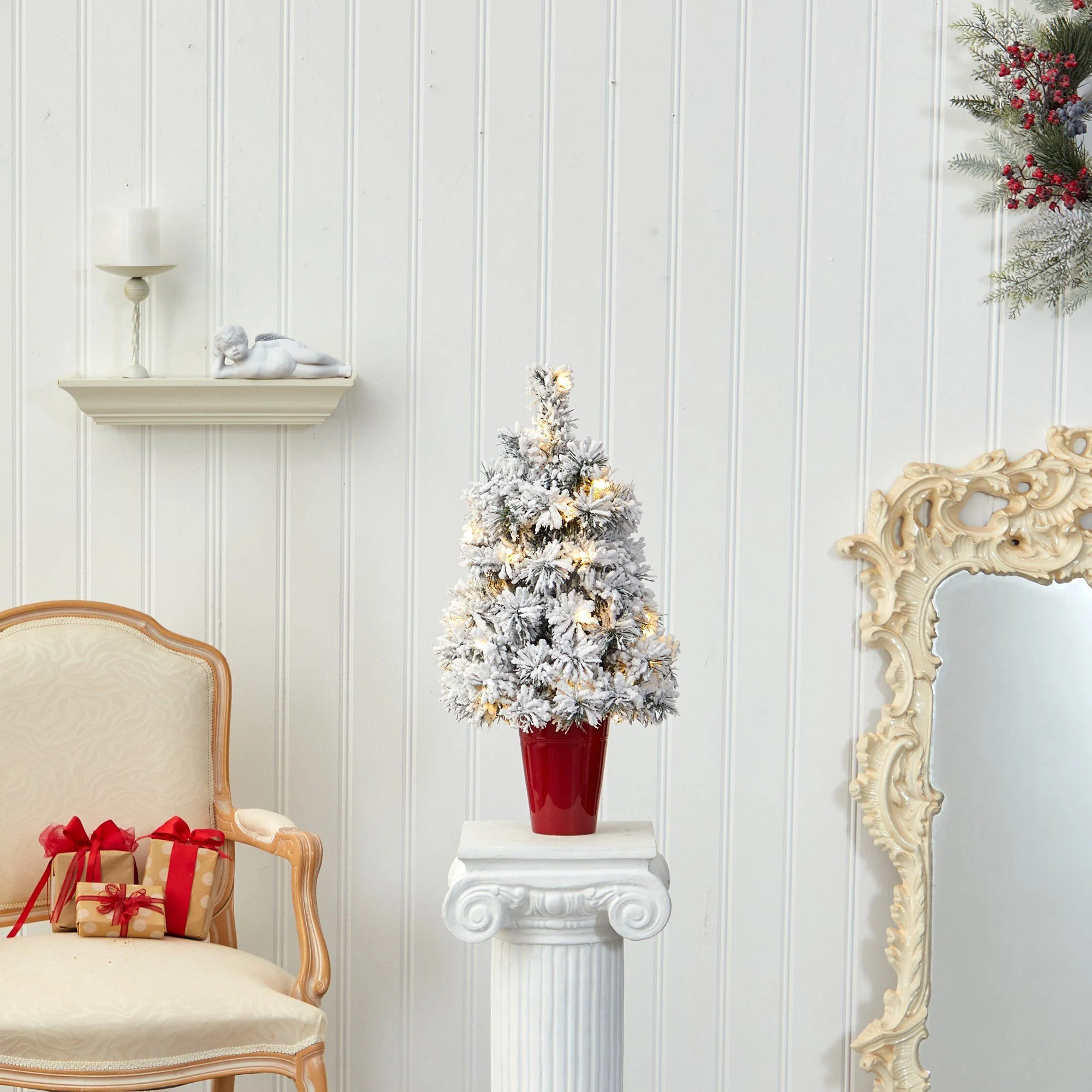 2’ Flocked Artificial Christmas Tree with 30 Clear LED Lights in Burgundy Vase - Image 7