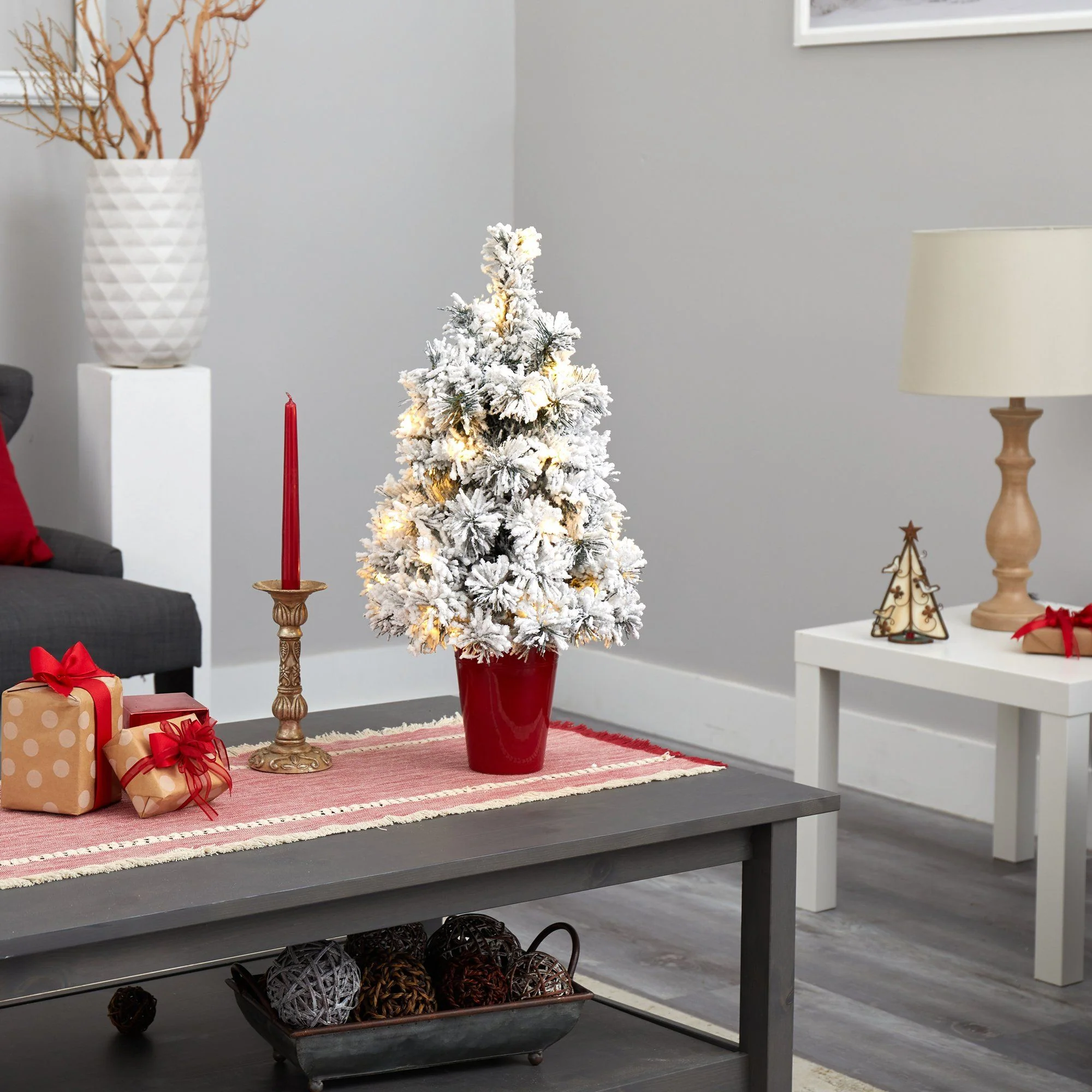 2’ Flocked Artificial Christmas Tree with 30 Clear LED Lights in Burgundy Vase - Image 8
