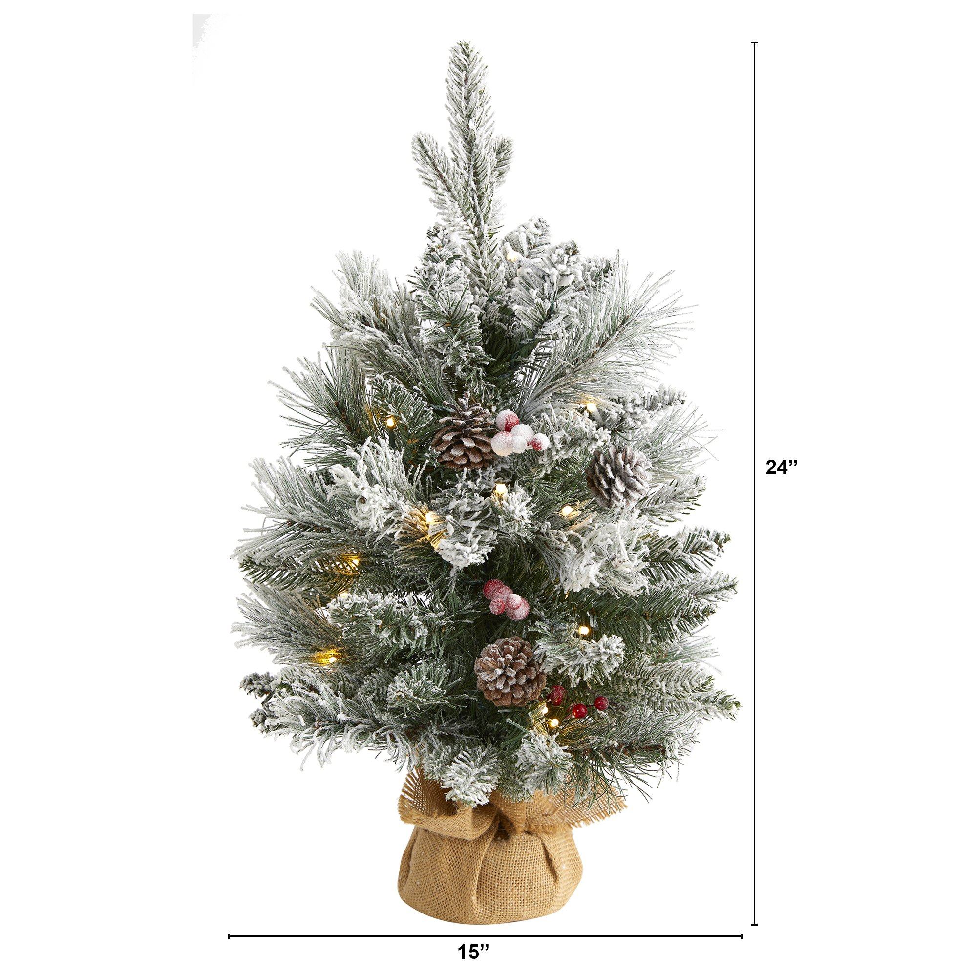 2' Flocked Artificial Christmas Tree with 30 Clear Lights, 73 Bendable Branches, Pine Cones and Berries - Image 2