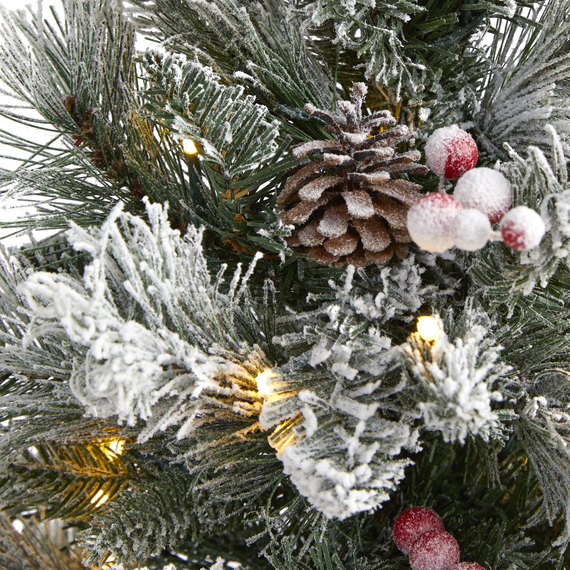 2' Flocked Artificial Christmas Tree with 30 Clear Lights, 73 Bendable Branches, Pine Cones and Berries - Image 3