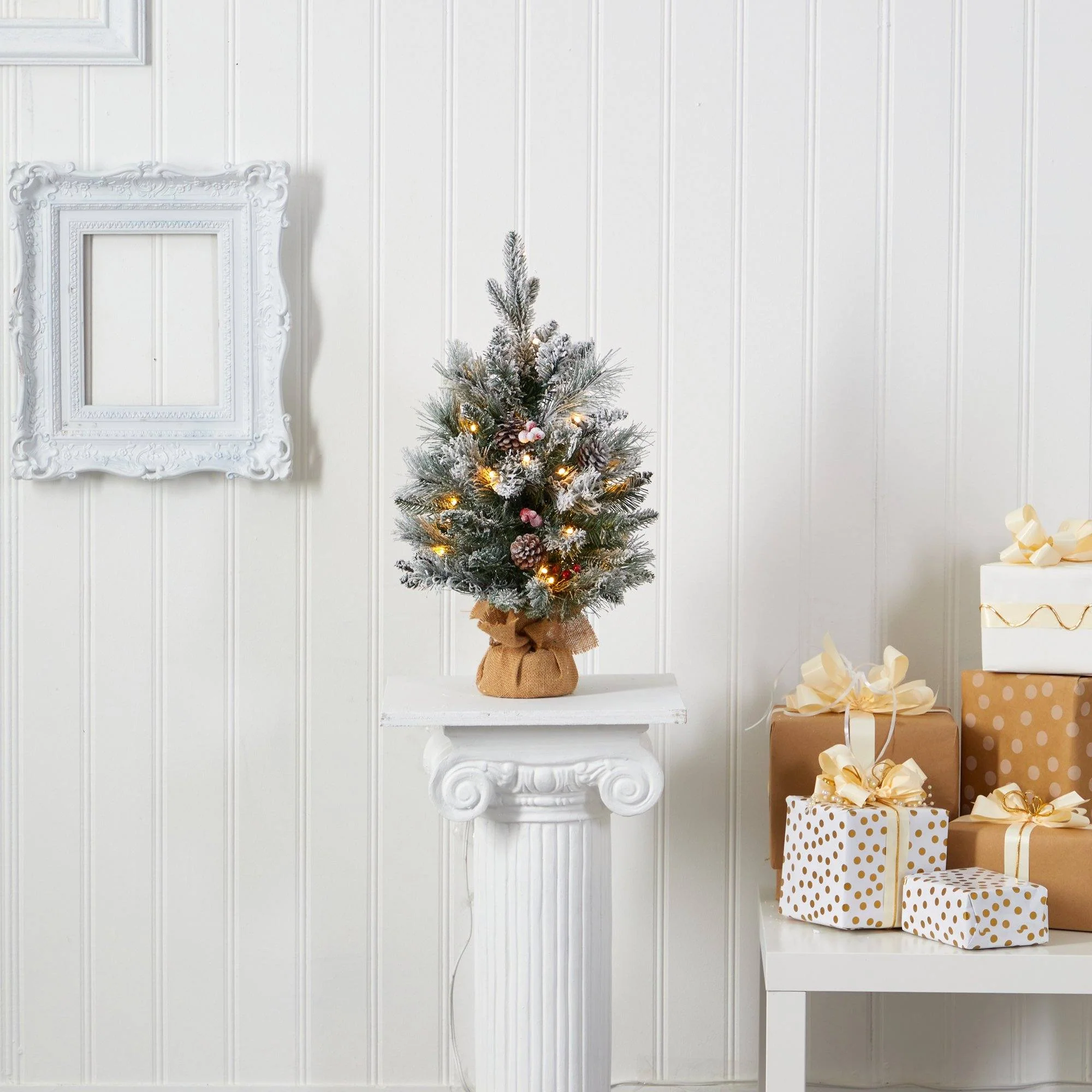 2' Flocked Artificial Christmas Tree with 30 Clear Lights, 73 Bendable Branches, Pine Cones and Berries - Image 5