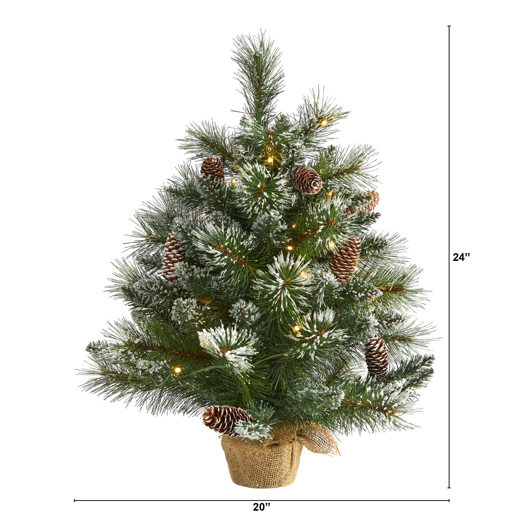2’ Frosted Pine Artificial Christmas Tree with 35 Clear LED Lights, Pinecones and Burlap Base - Image 2