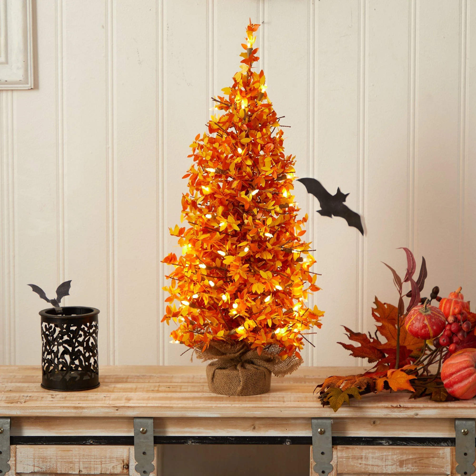 2' Harvest Halloween Artificial Christmas Tree Pre-Lit with 50 LED lights in Burlap Base - Image 4