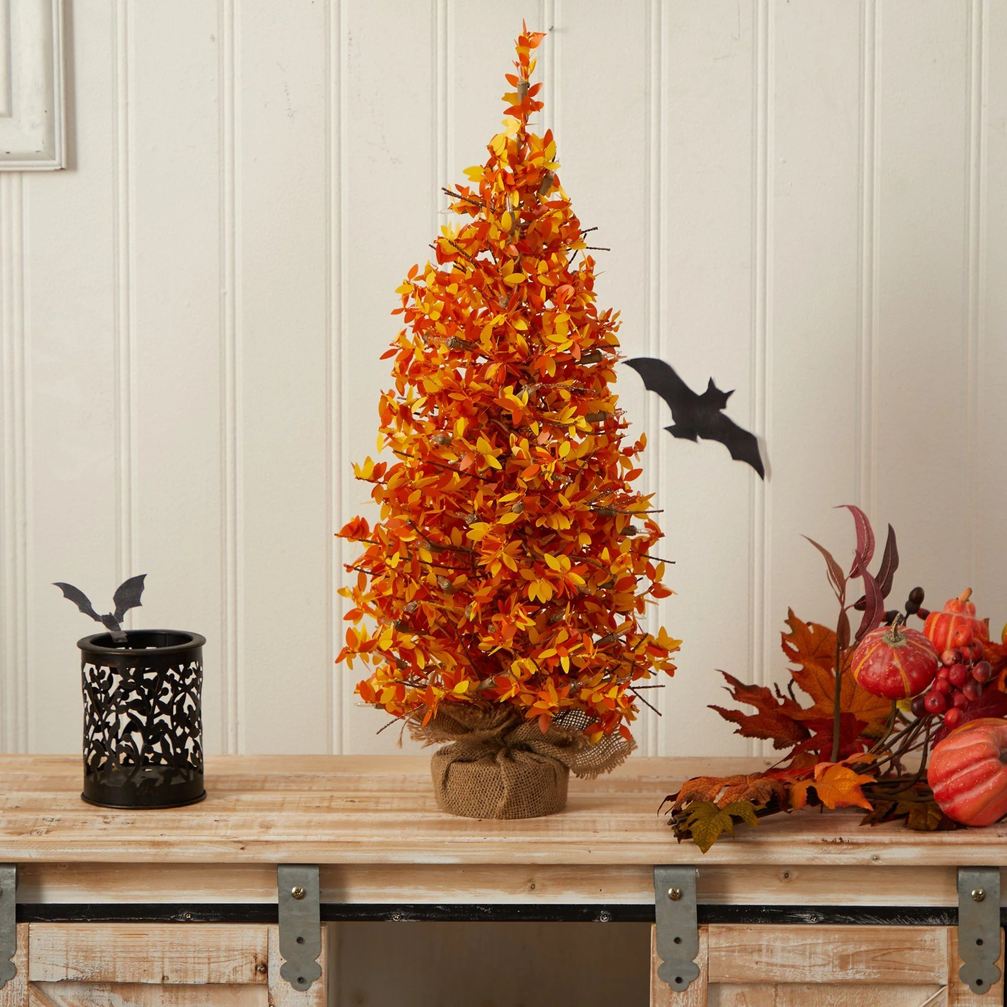 2' Harvest Halloween Artificial Christmas Tree Pre-Lit with 50 LED lights in Burlap Base - Image 5