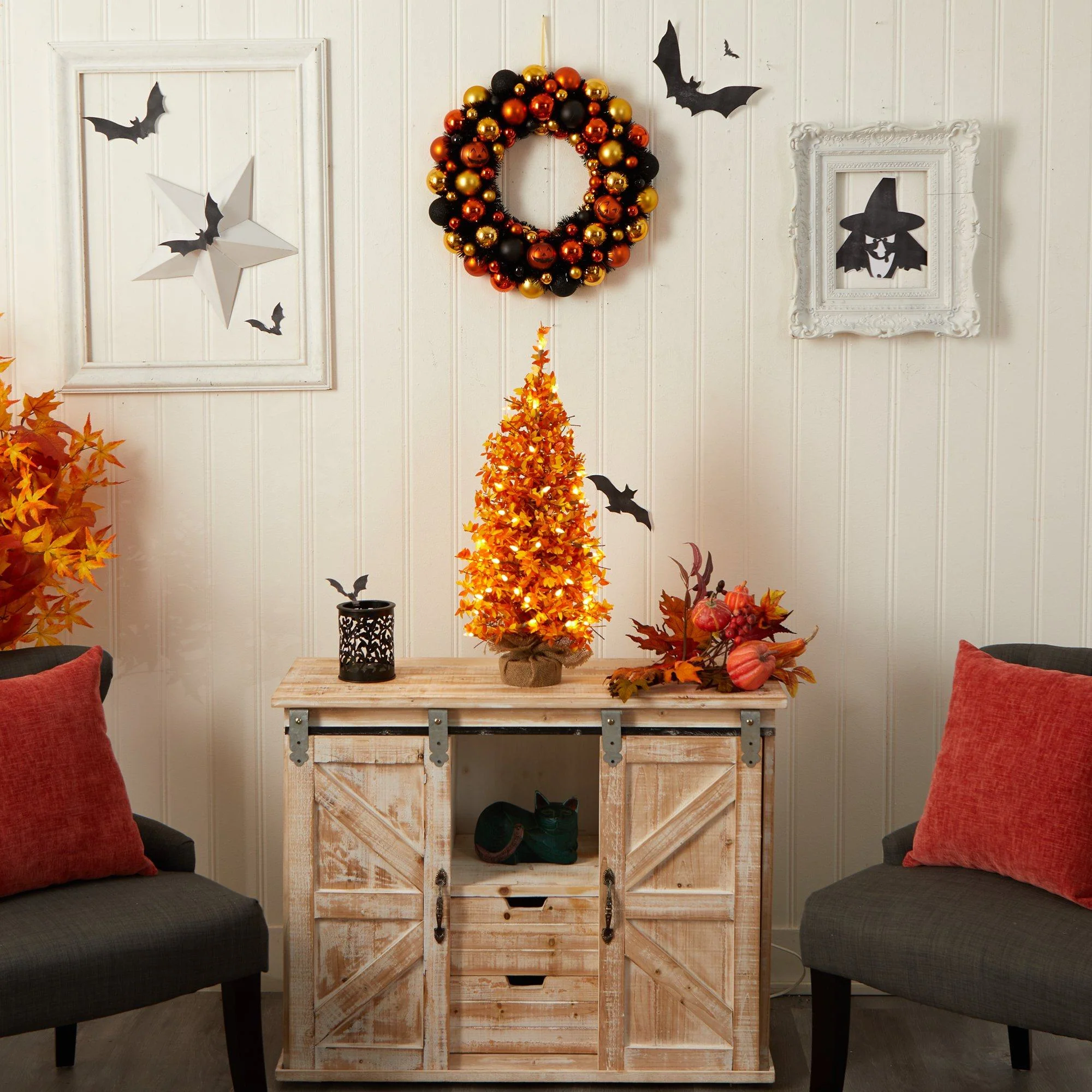 2' Harvest Halloween Artificial Christmas Tree Pre-Lit with 50 LED lights in Burlap Base - Image 6