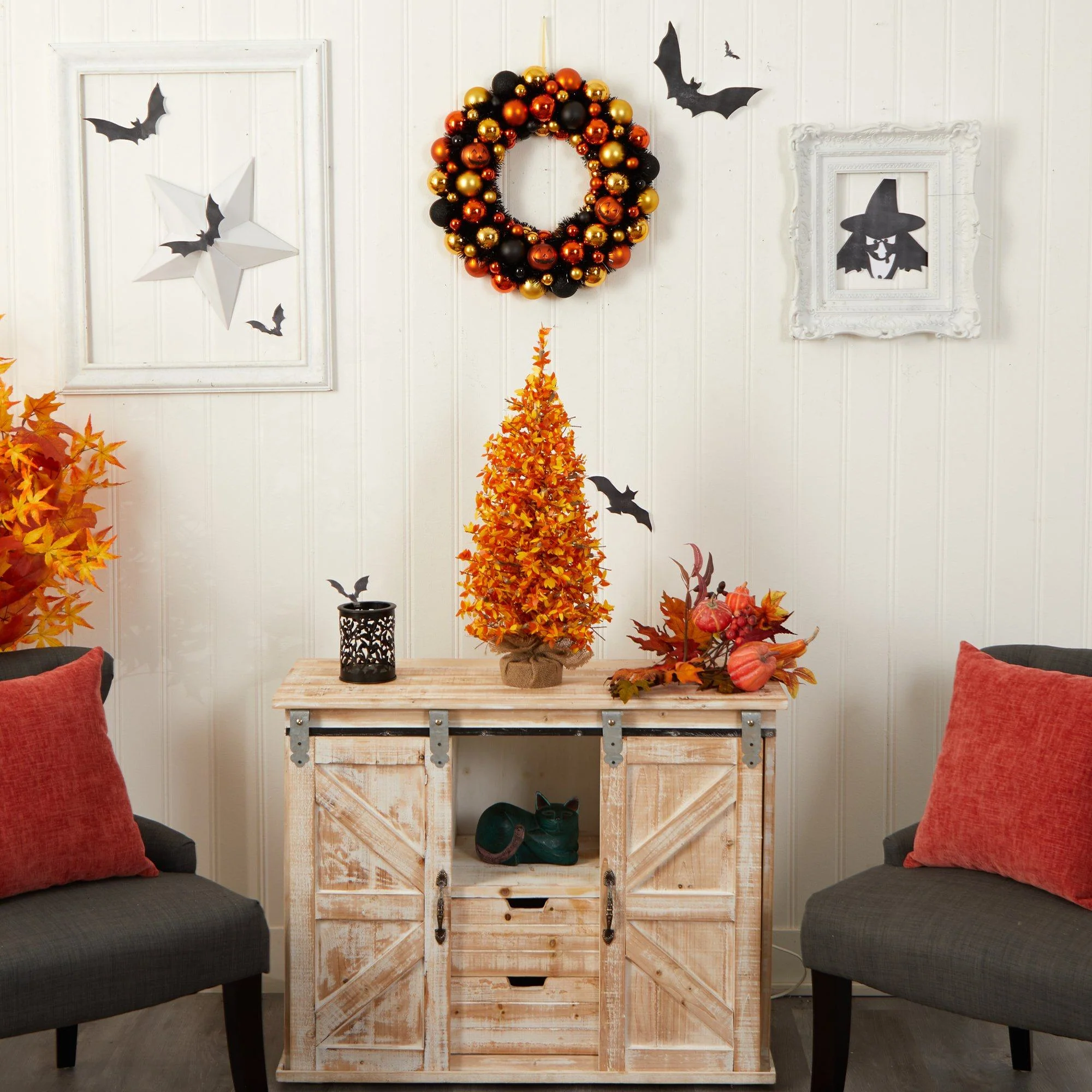 2' Harvest Halloween Artificial Christmas Tree Pre-Lit with 50 LED lights in Burlap Base - Image 7