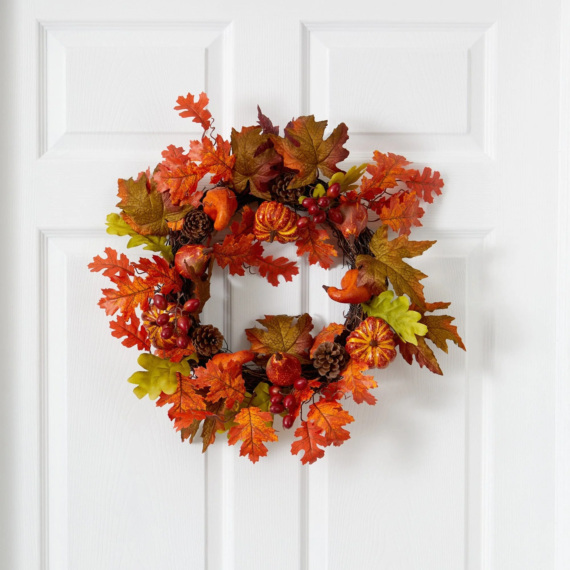 20” Autumn Assorted Maple Leaf, Pumpkin Gourd, Pinecone and Berry Artificial Fall Wreath - Image 2