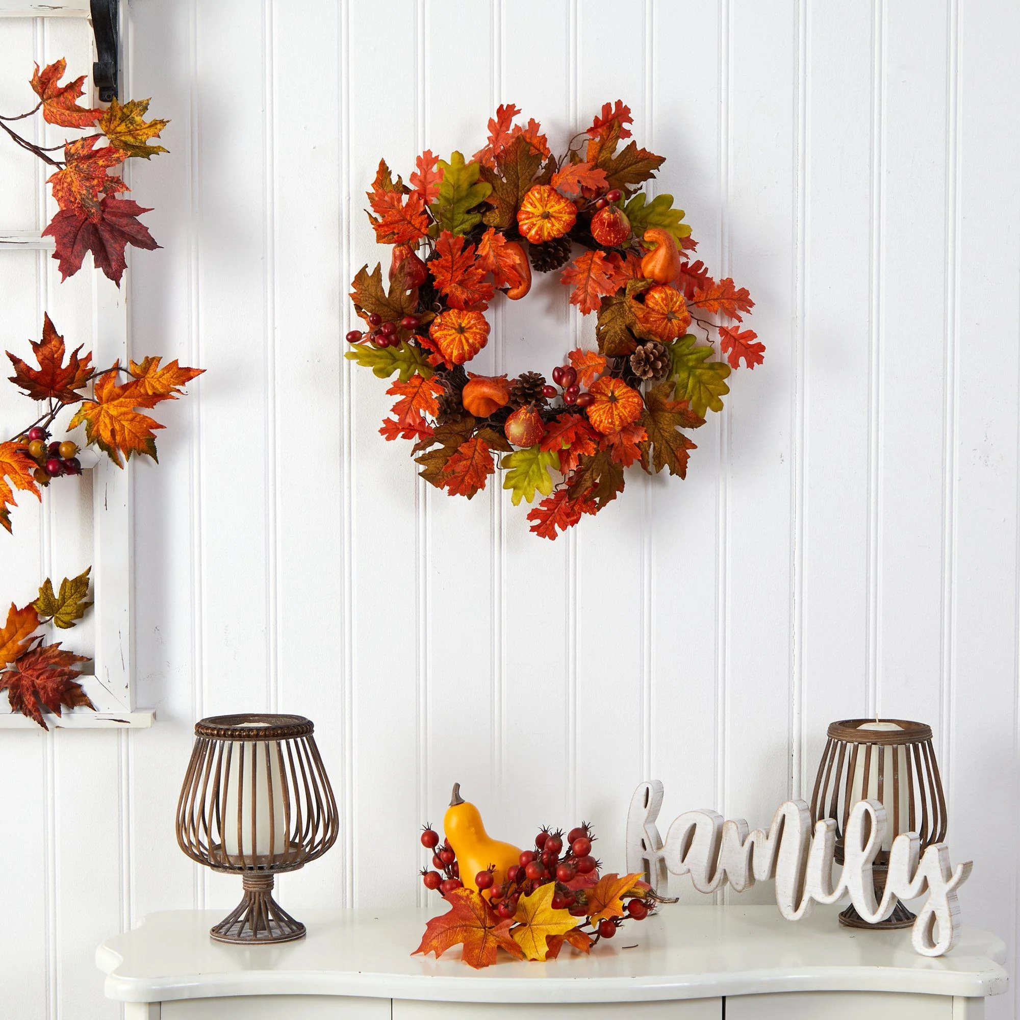 20” Autumn Assorted Maple Leaf, Pumpkin Gourd, Pinecone and Berry Artificial Fall Wreath - Image 4