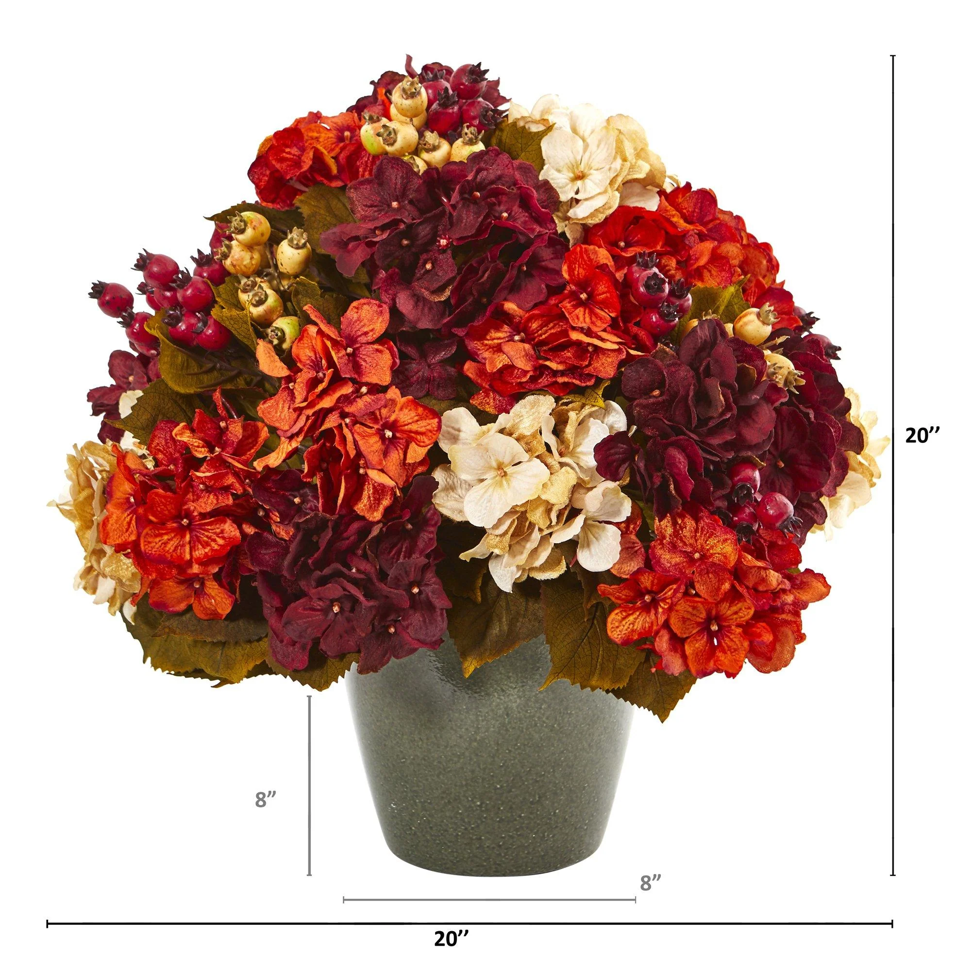 20” Autumn Hydrangea Artificial Arrangement in Green Vase - Image 2