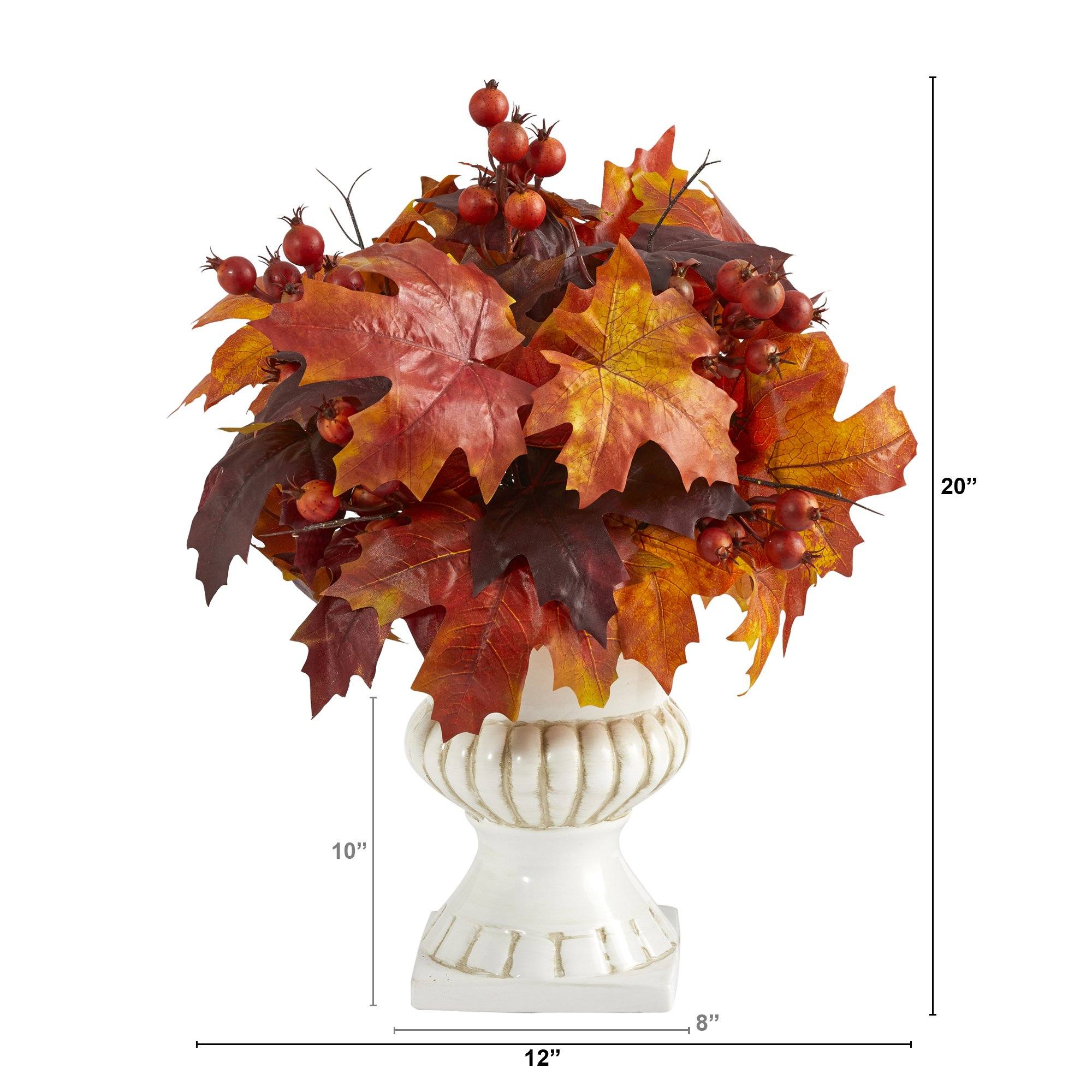 20” Autumn Maple Leaf and Berries Artificial Plant in White Urn - Image 3