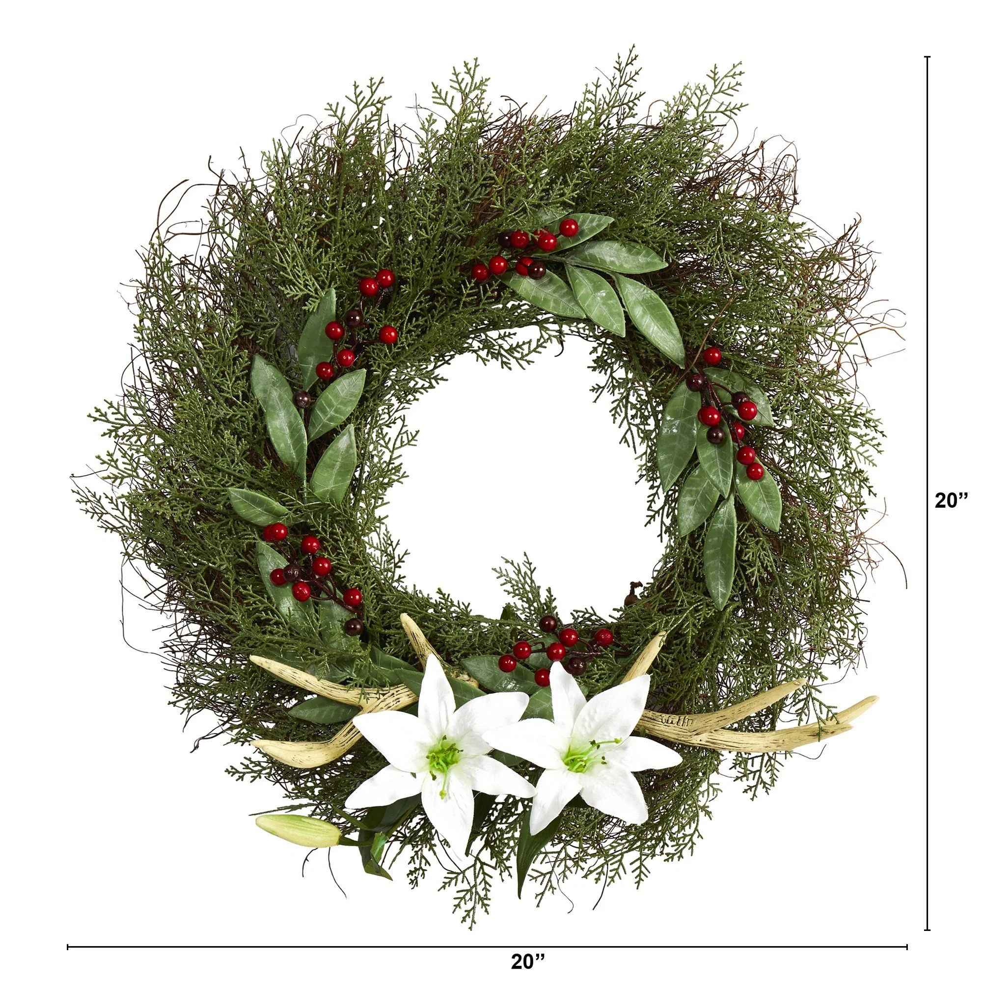20” Cedar, Antlers, Lily and Ruscus with Berries Artificial Wreath - Image 3