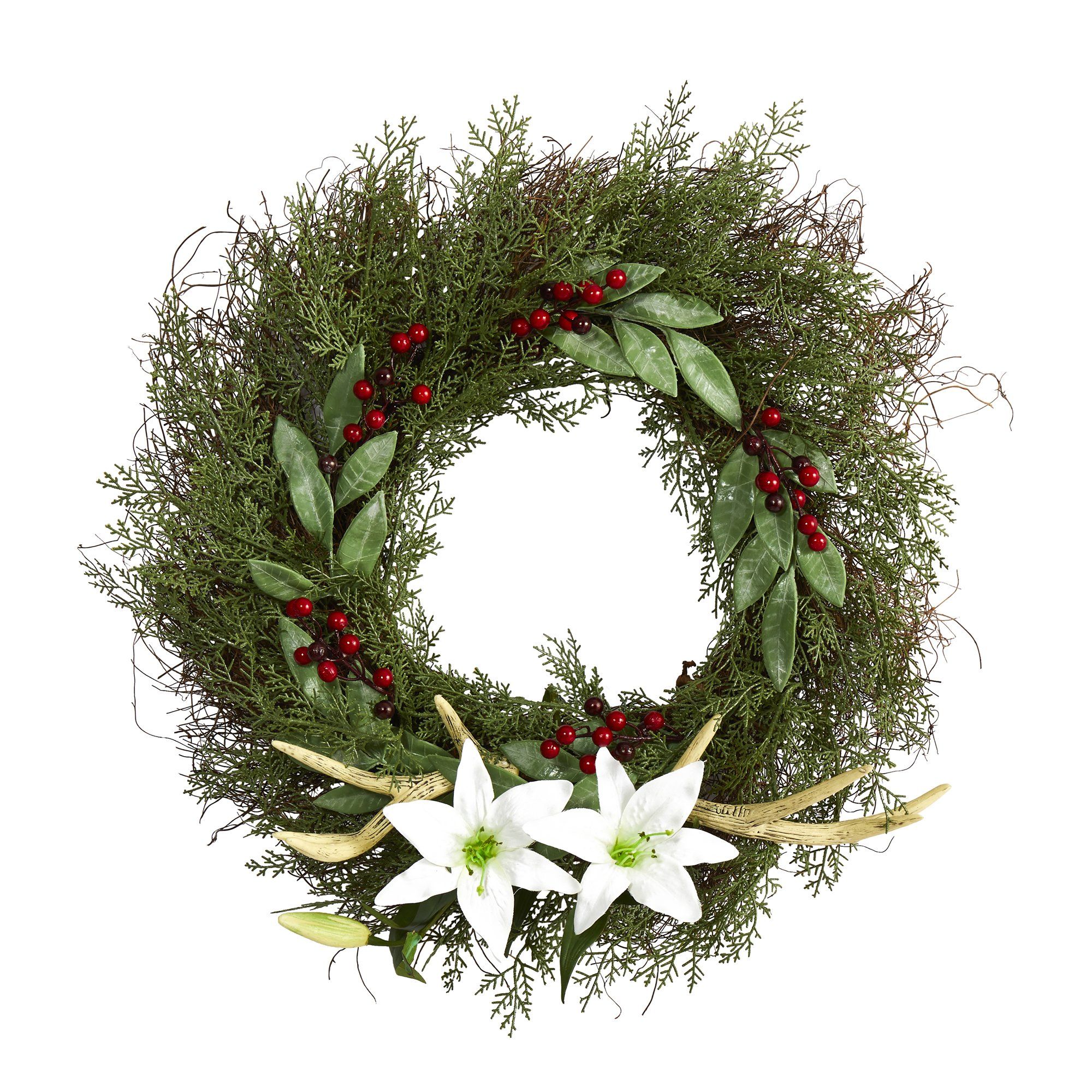 20” Cedar, Antlers, Lily and Ruscus with Berries Artificial Wreath - Image 5
