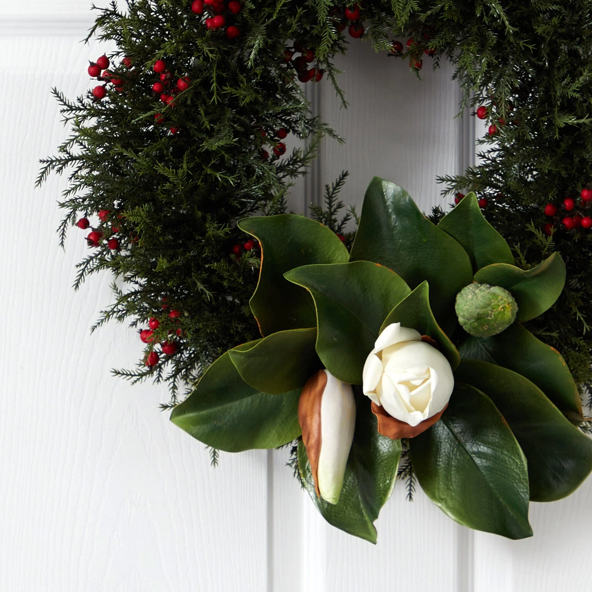20” Cedar, Berries and Magnolia Artificial Christmas Wreath - Image 2