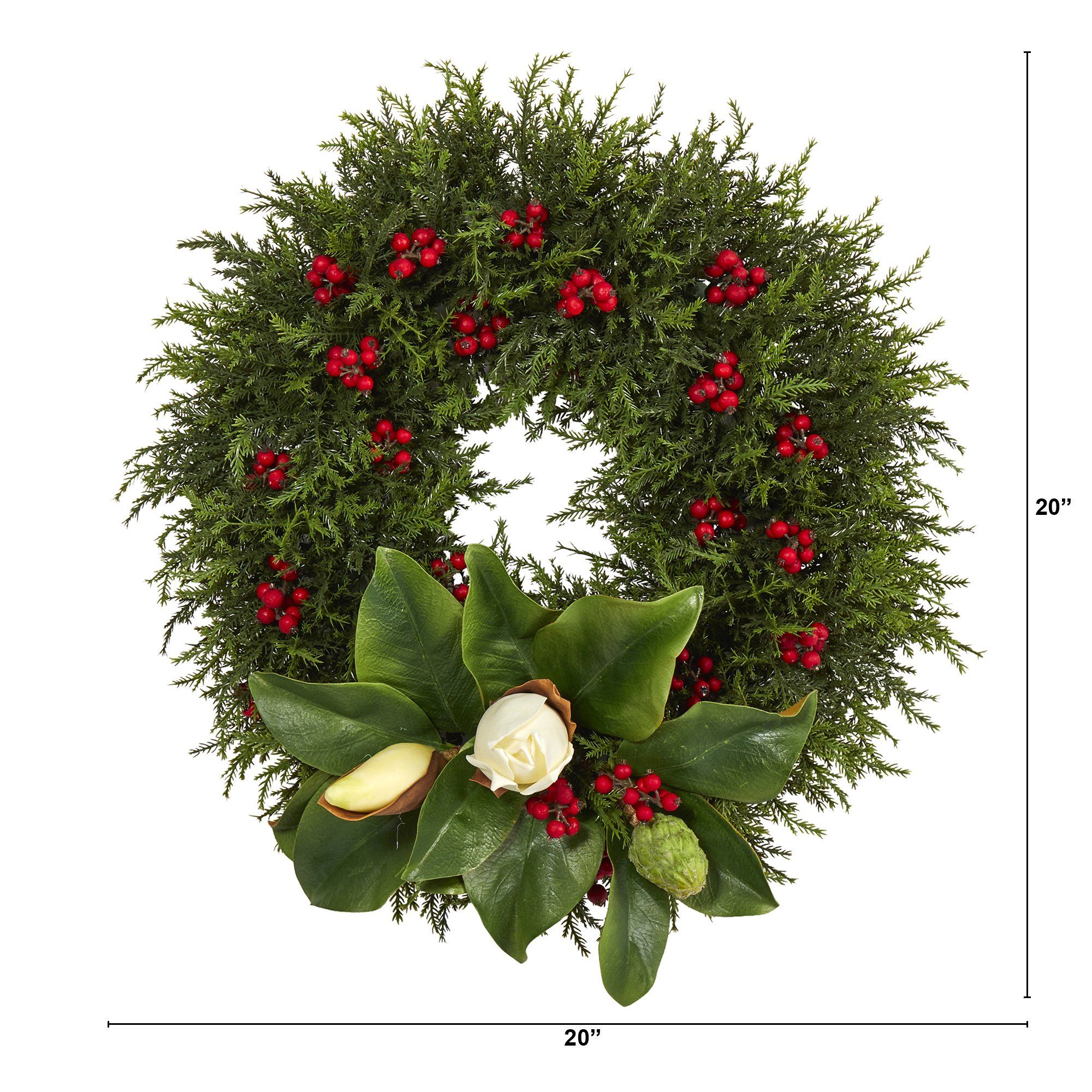 20” Cedar, Berries and Magnolia Artificial Christmas Wreath - Image 3