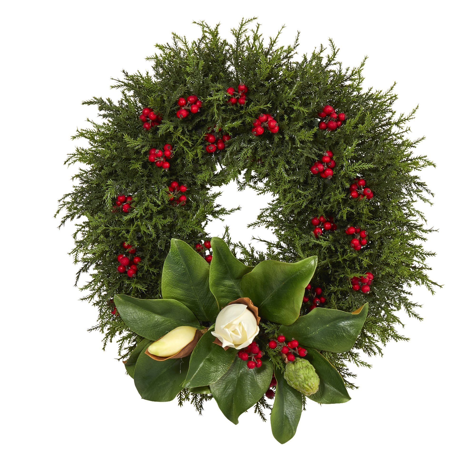 20” Cedar, Berries and Magnolia Artificial Christmas Wreath - Image 5