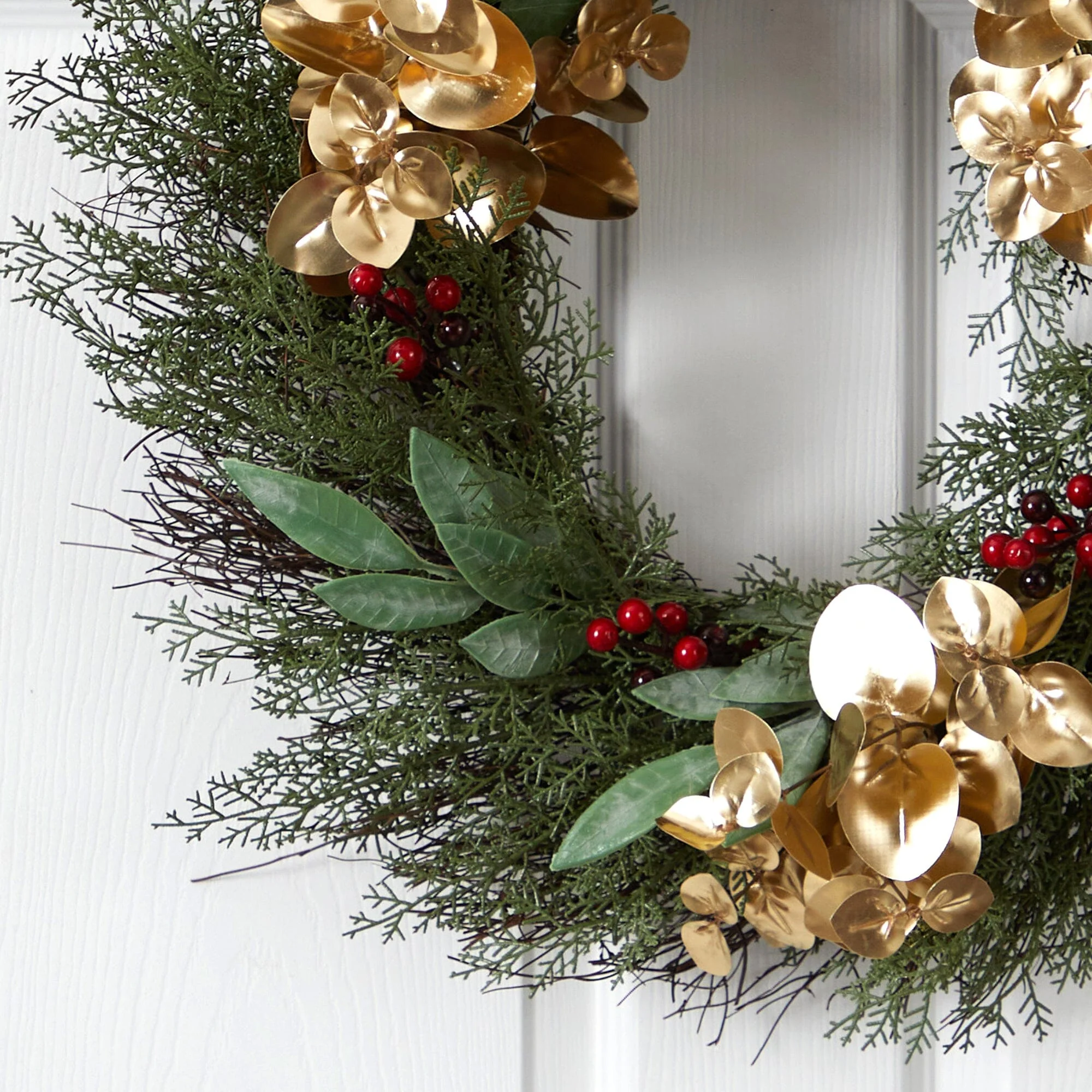 20” Cedar, Ruscus, Berries and Golden Eucalyptus Artificial Wreath - Image 2