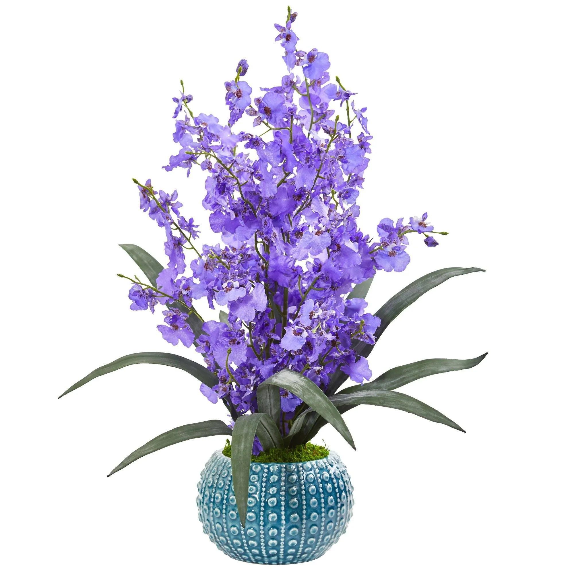 Dancing Lady Orchid Artificial Arrangement in Blue Vase - Image 2