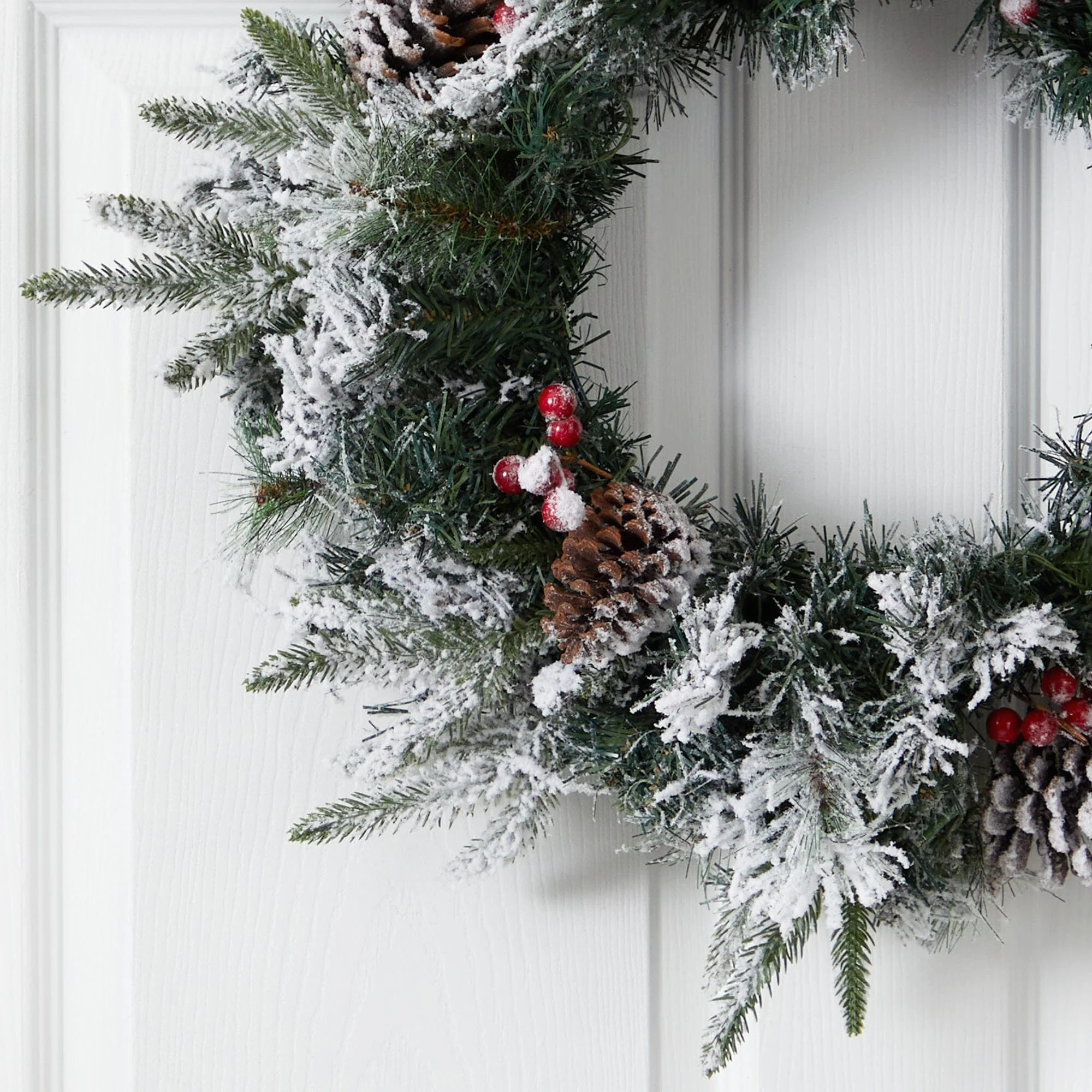 20” Flocked Artificial Christmas Wreath with 35 Warm White LED Lights - Image 2