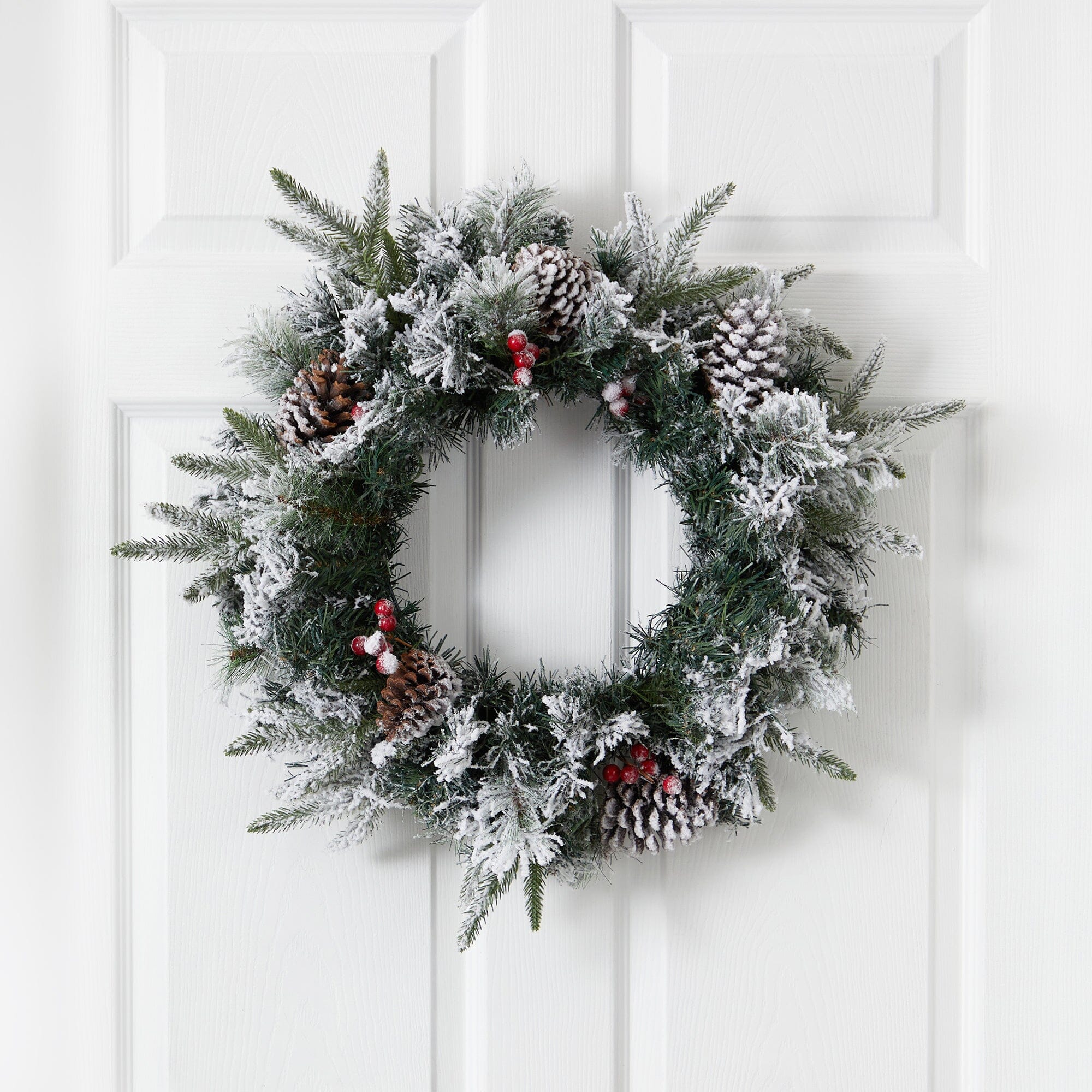 20” Flocked Artificial Christmas Wreath with 35 Warm White LED Lights - Image 3