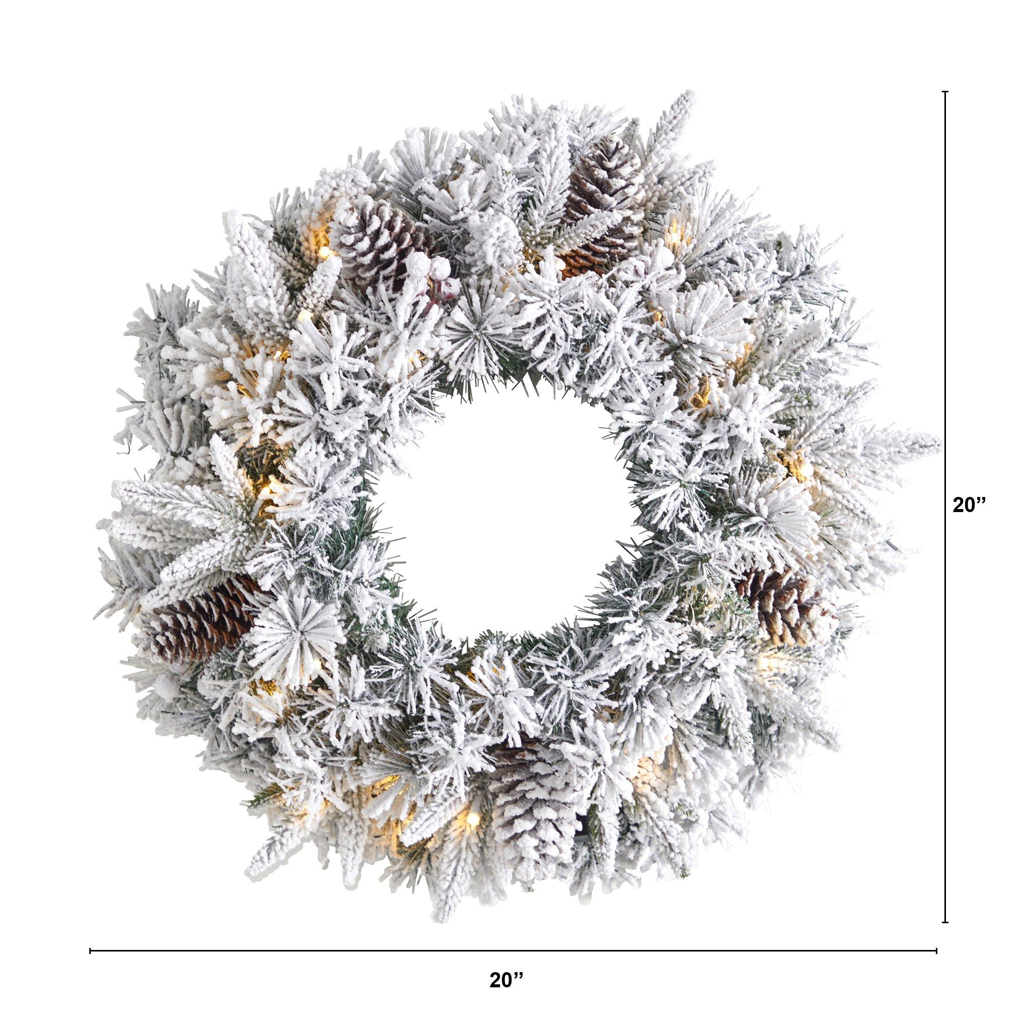 20” Flocked Artificial Christmas Wreath with 35 Warm White LED Lights - Image 4