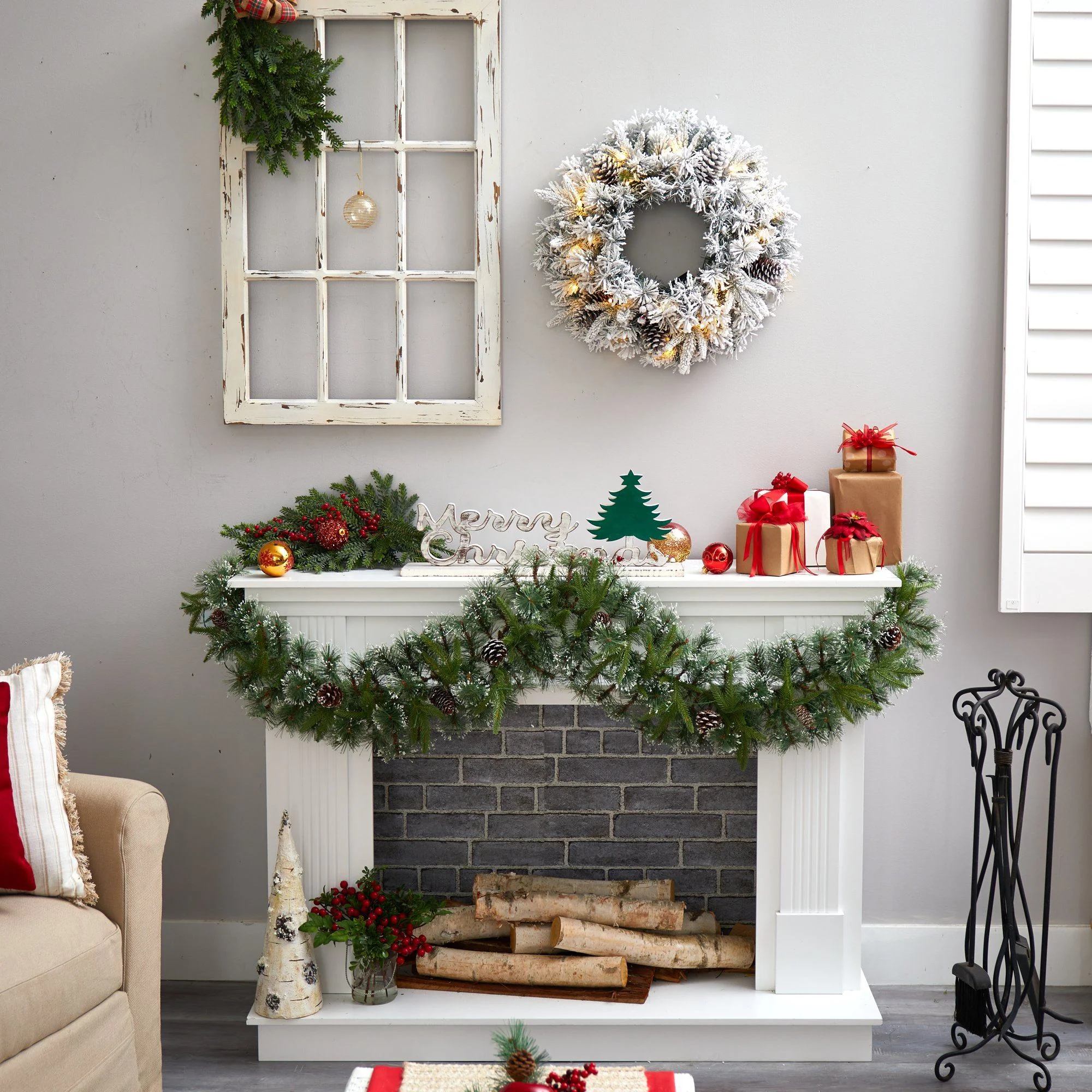 20” Flocked Artificial Christmas Wreath with 35 Warm White LED Lights - Image 7