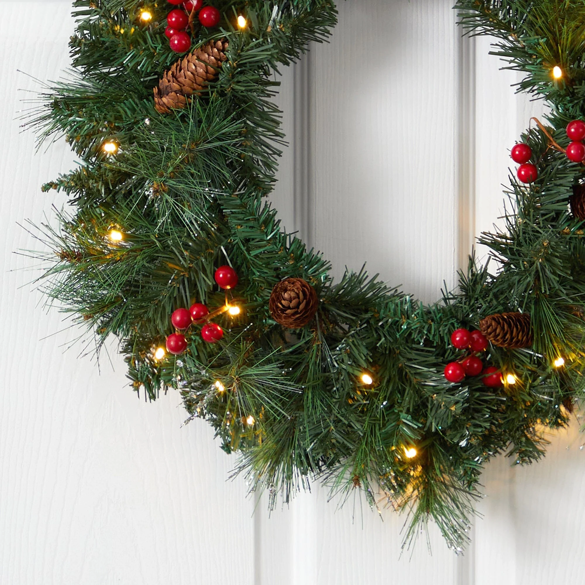 20” Frosted Pine Artificial Christmas Wreath with Pinecones, Berries and 35 Warm White LED Lights - Image 2