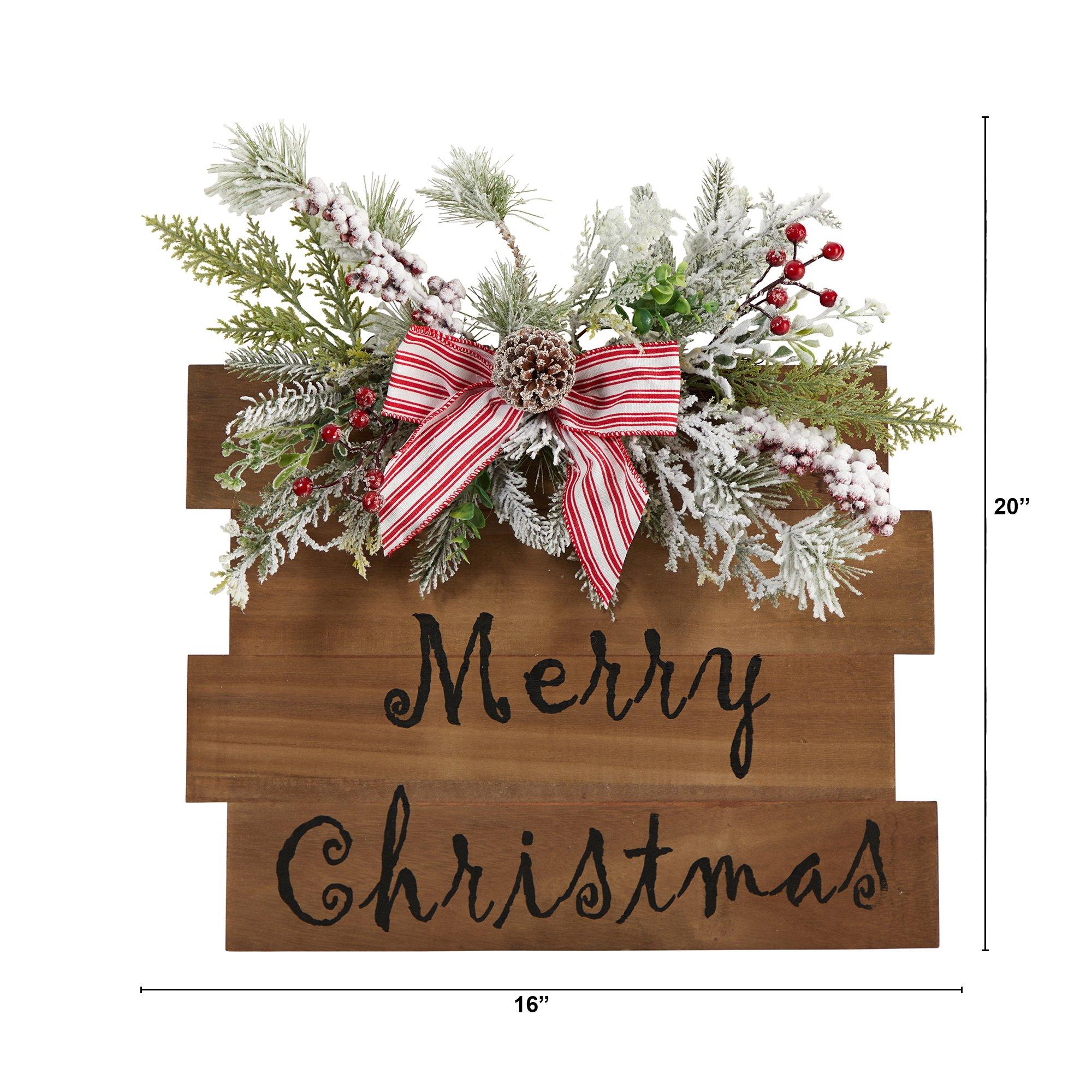 20" Holiday Merry Christmas Door Wall Hanger with Pine and Berries Stripped Bow Wall Art Décor" - Image 2