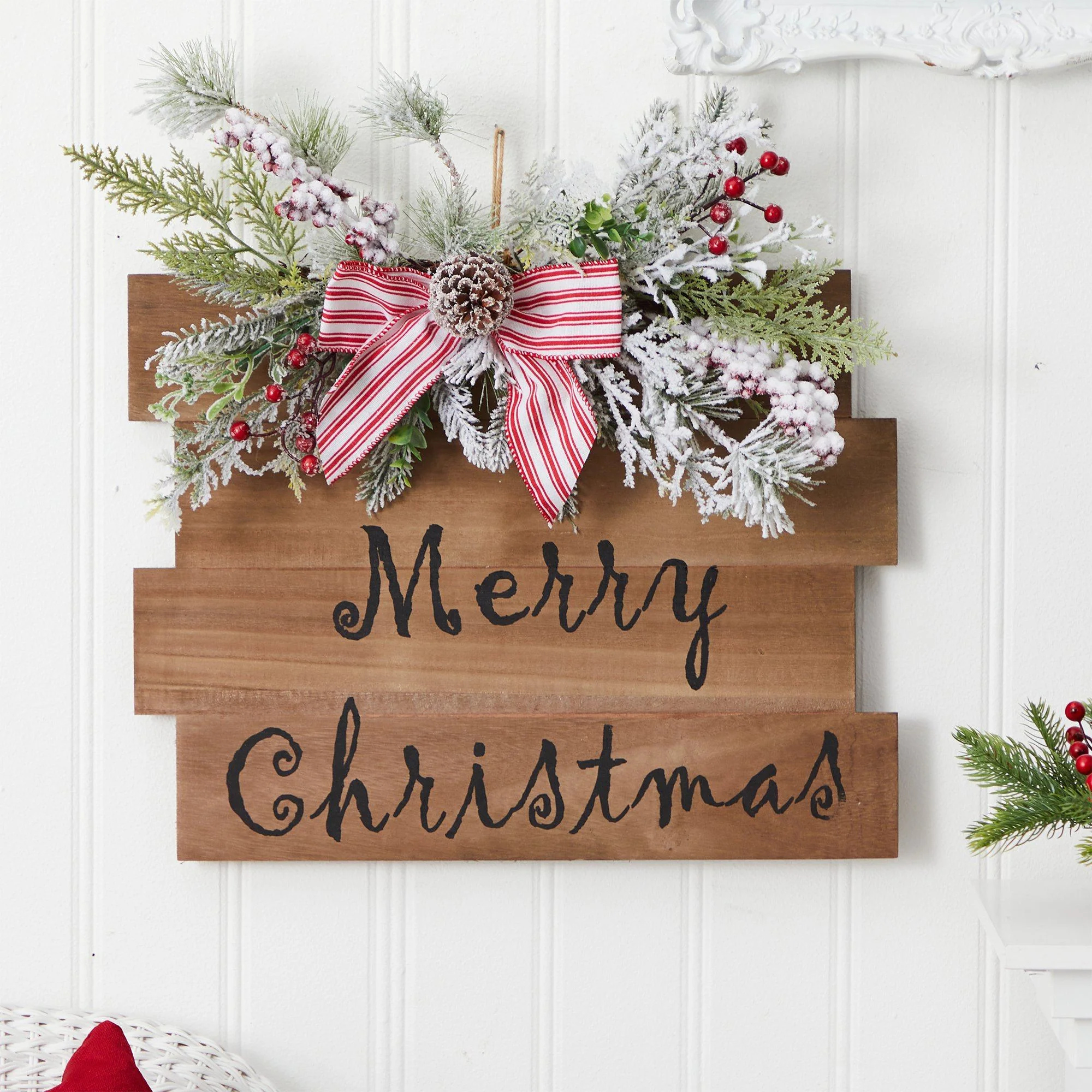 20" Holiday Merry Christmas Door Wall Hanger with Pine and Berries Stripped Bow Wall Art Décor" - Image 3