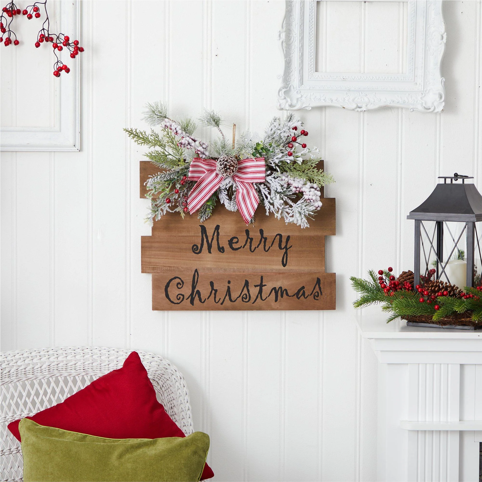 20" Holiday Merry Christmas Door Wall Hanger with Pine and Berries Stripped Bow Wall Art Décor" - Image 4