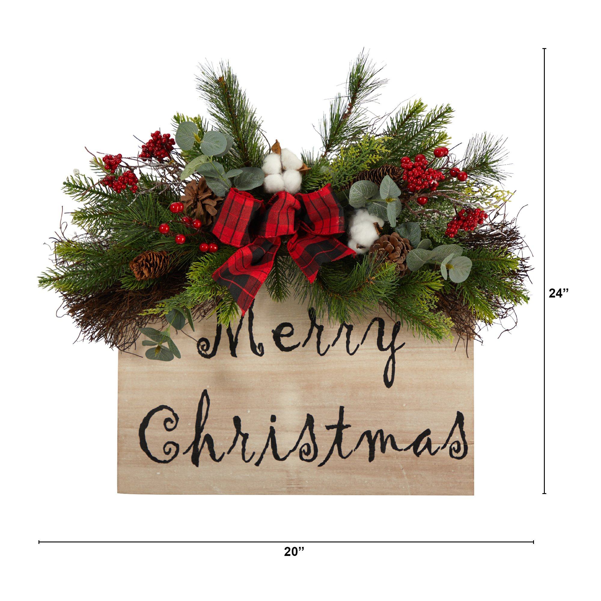 20” Holiday Merry Christmas Door Wall Hanger with Pinecones and Berries Gingham Plaid Bow - Image 2
