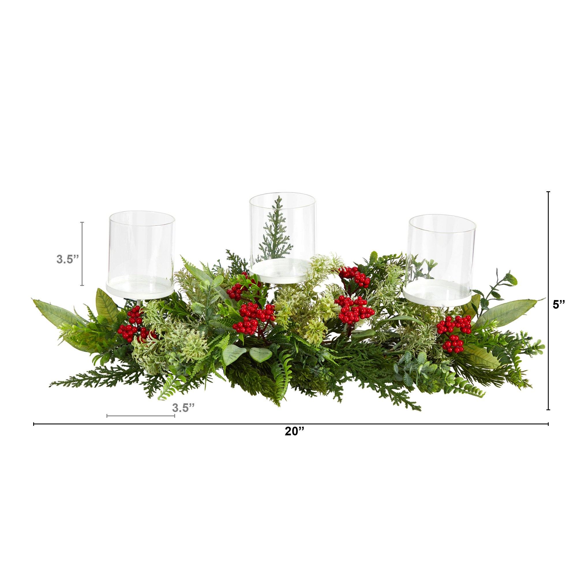 20” Holiday Winter Greenery and Berries Triple Candle Holder Artificial Christmas Table Arrangement - Image 2