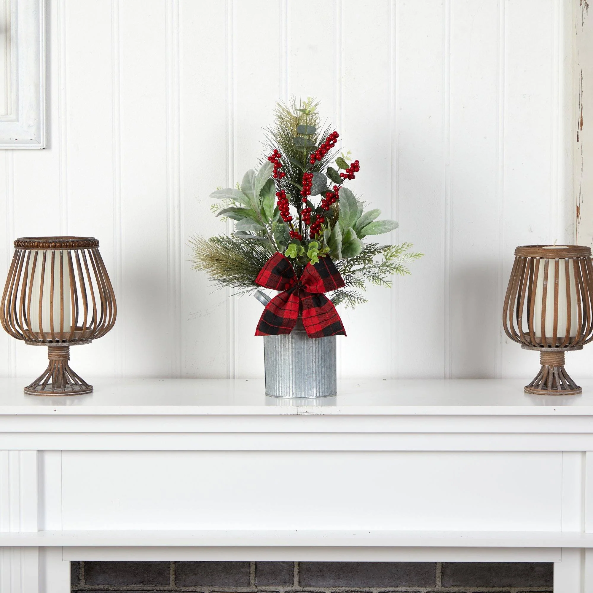 20" Holiday Winter Greenery, Pinecone and Berries with Buffalo Plaid Bow Christmas  Arrangement" - Image 3