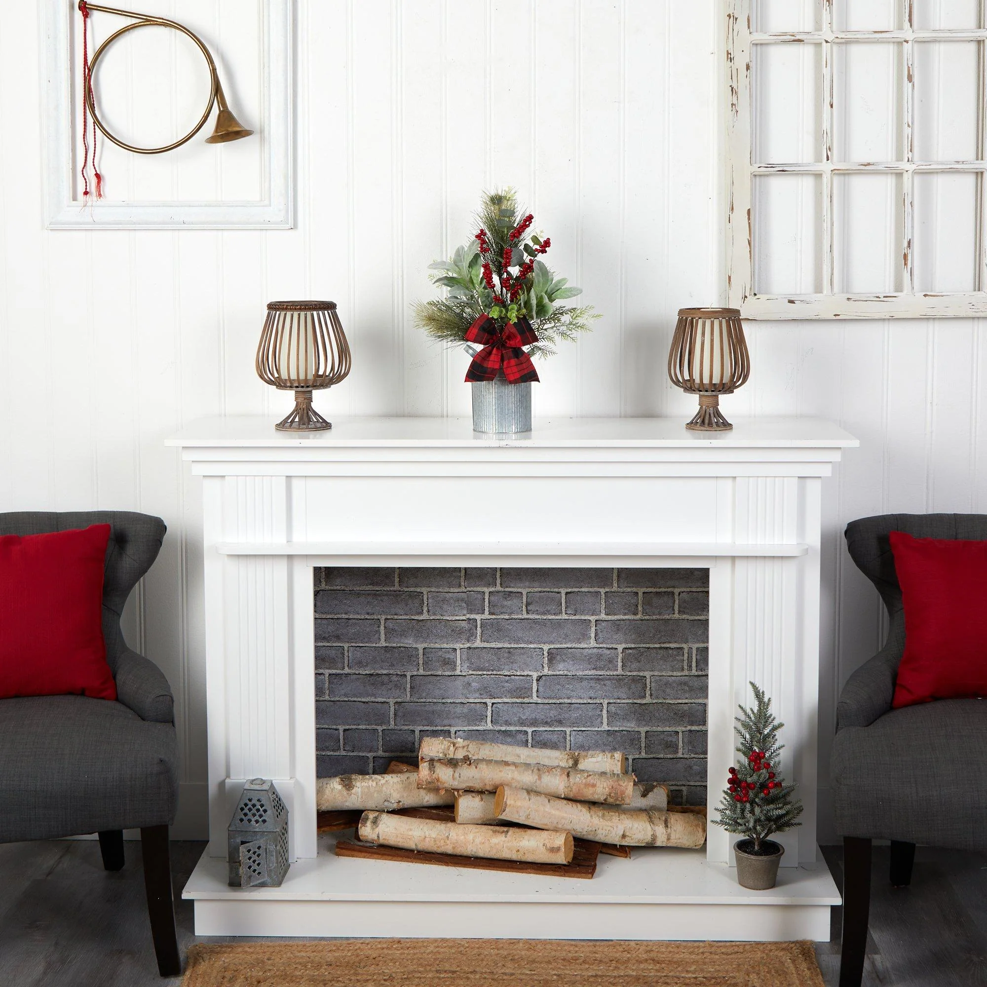 20" Holiday Winter Greenery, Pinecone and Berries with Buffalo Plaid Bow Christmas  Arrangement" - Image 4