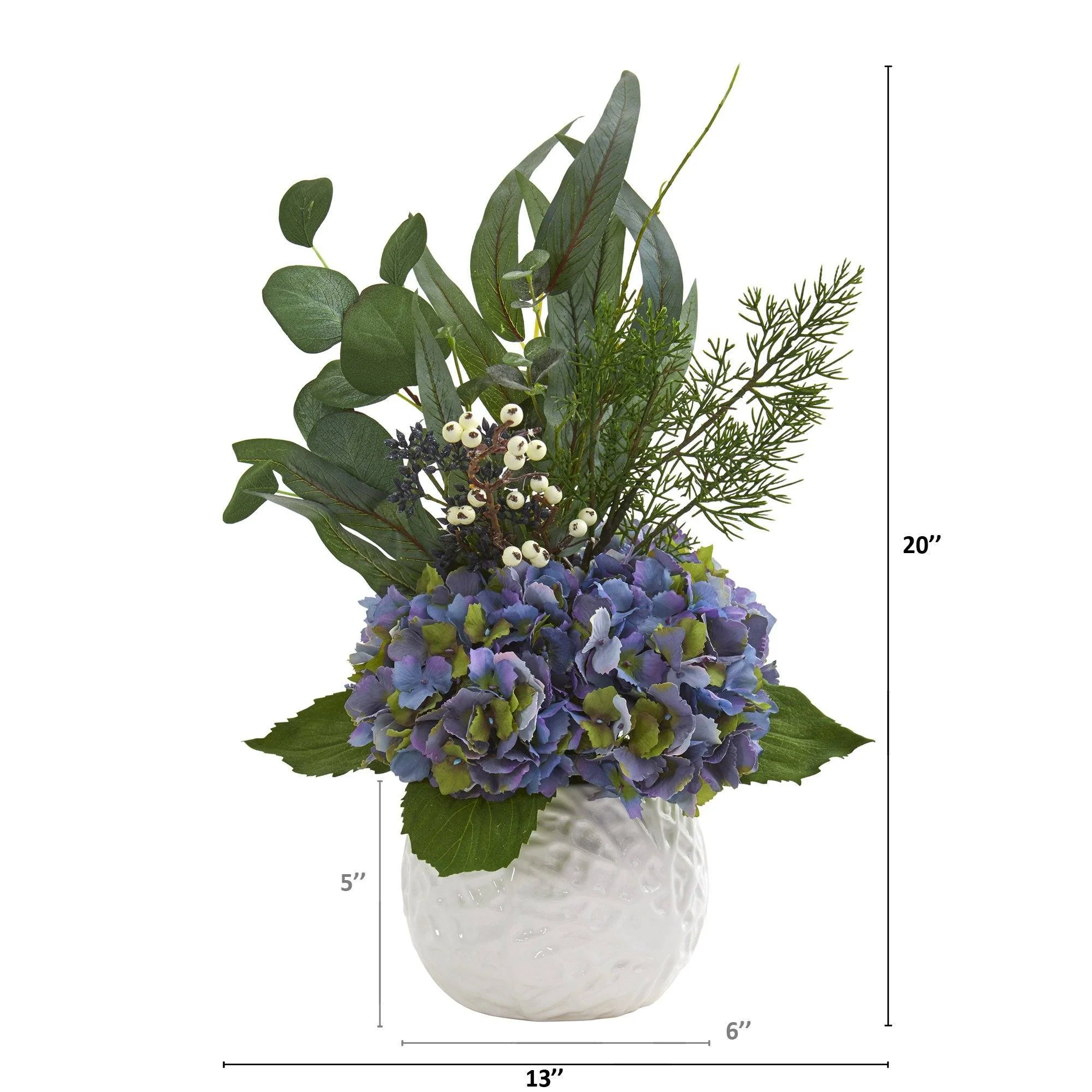 20” Hydrangea and Eucalyptus Artificial Arrangement in White Vase - Image 2