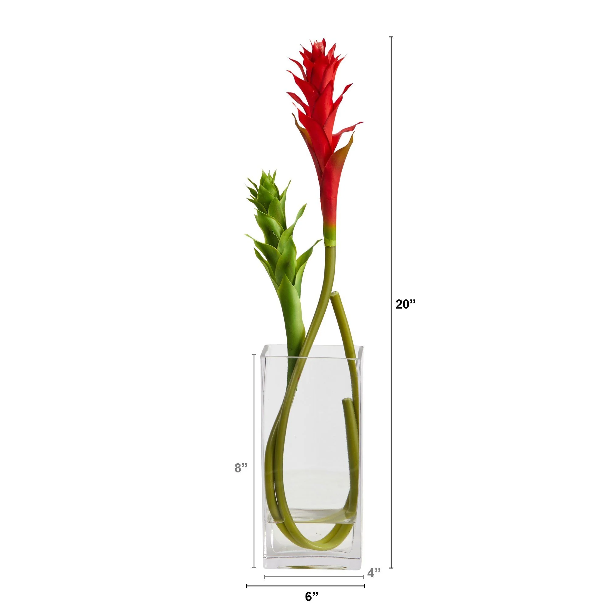 20” Mini Star Bromeliad Artificial Arrangement in Glass Vase - Image 2