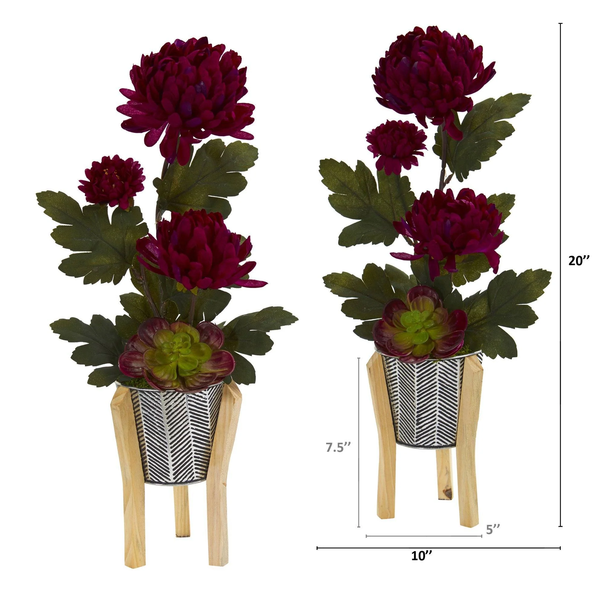 20” Mum and Succulent Artificial Arrangement in Tin Planter with Legs (Set of 2) - Image 2