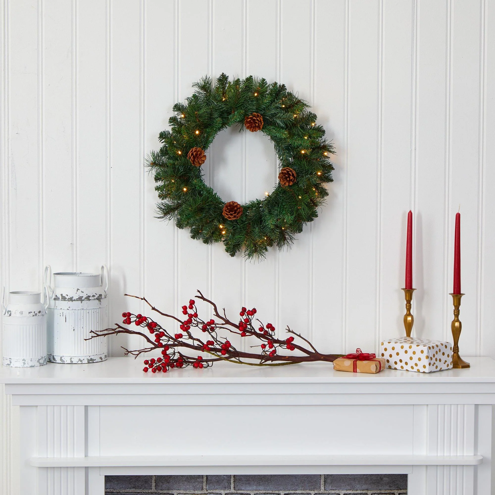 20” Pine Artificial Christmas Wreath with 35 LED Lights and Pinecones - Image 5