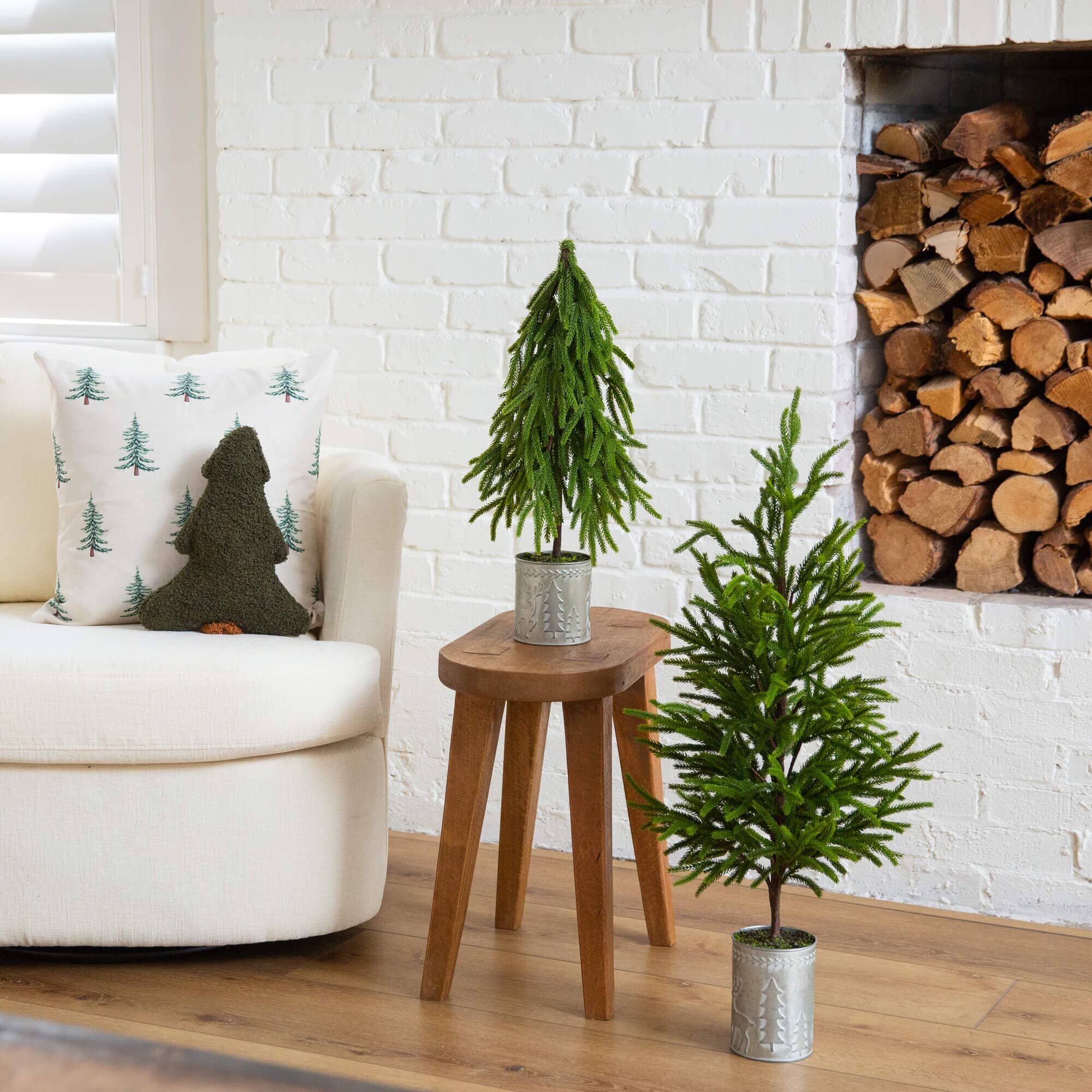 20" Artificial Real Touch Down Swept Norfolk Island Pine in Christmas Tin Metal Planter with Natural Look - Image 4