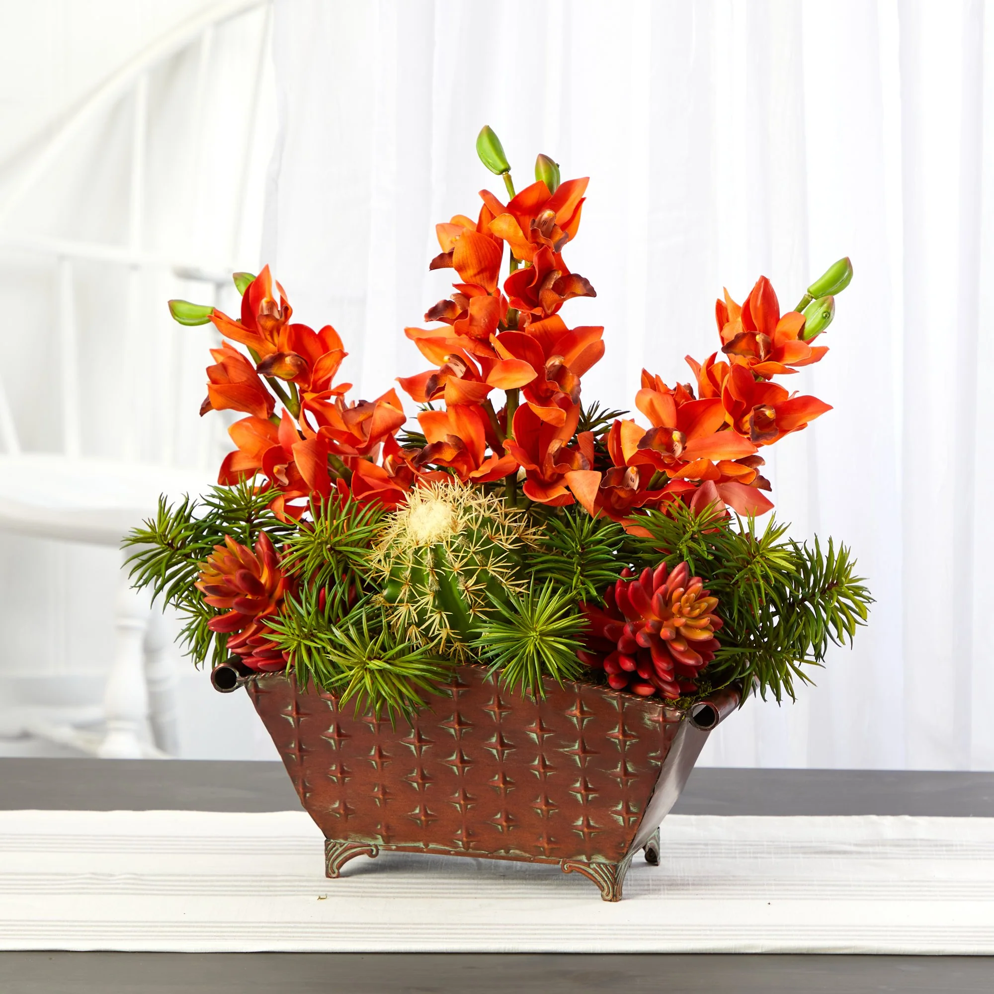 21” Cymbidium Orchid, Cactus and Succulent Artificial Arrangement in Metal Vase - Image 3