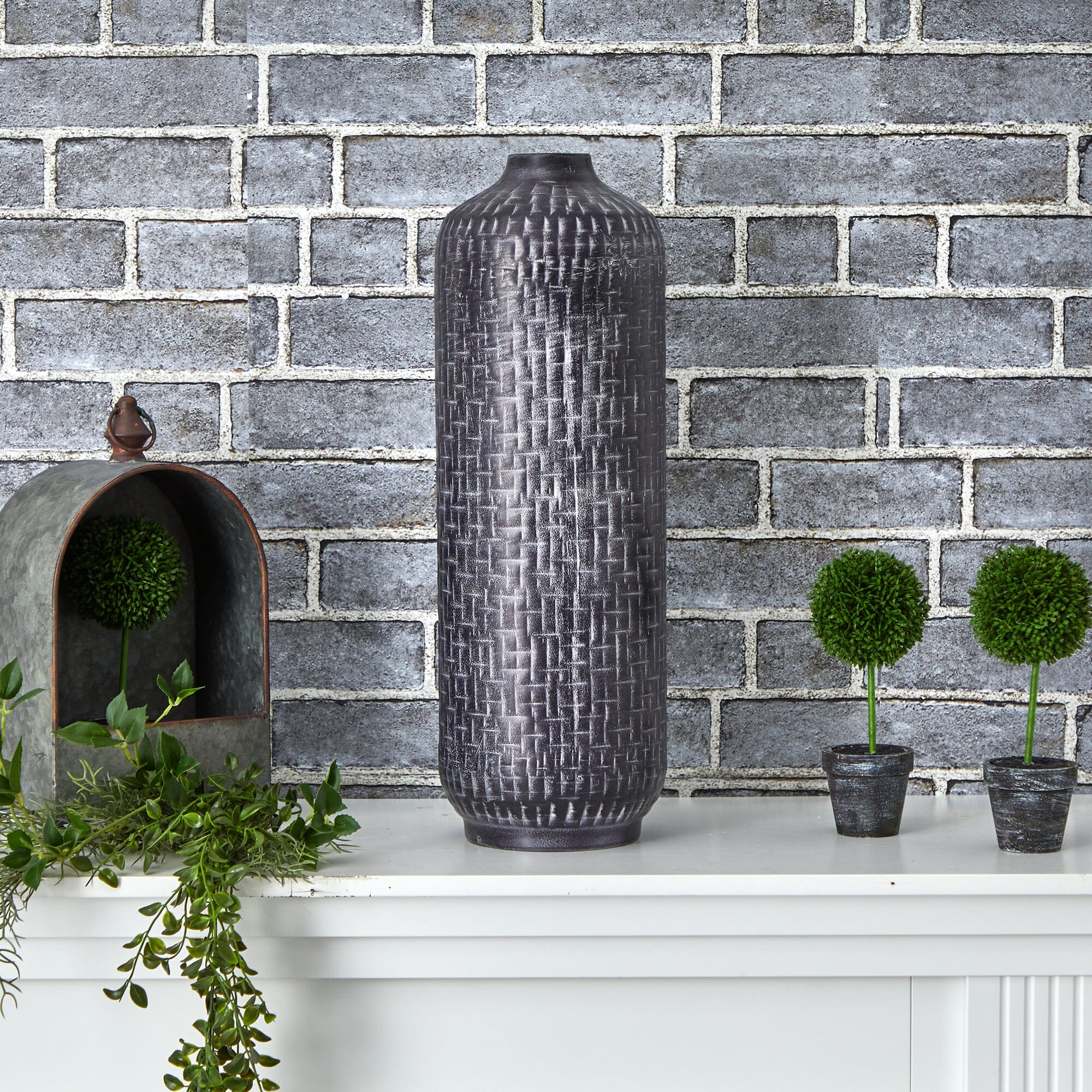 21” Embossed Metal Cylinder Vase - Image 2