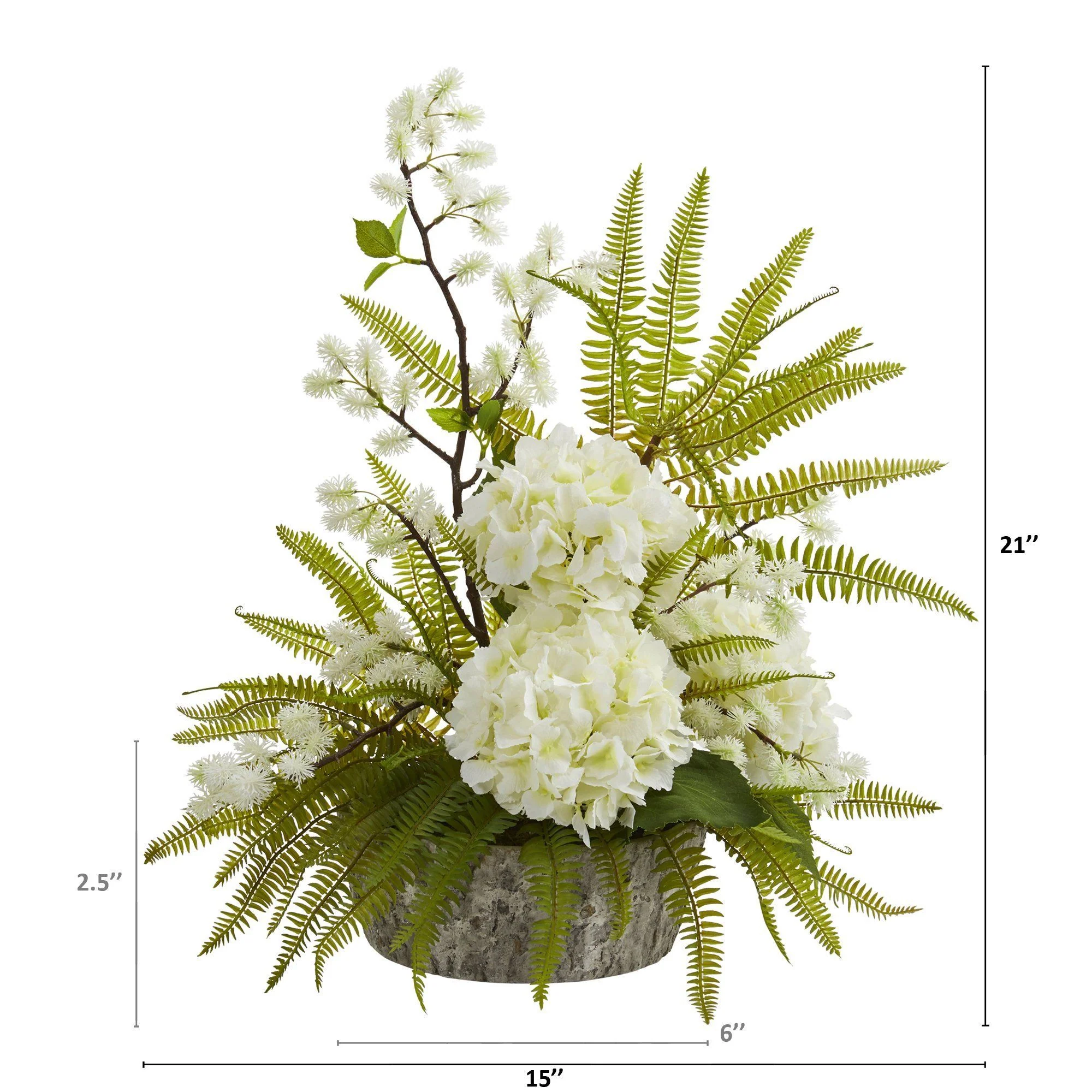 21” Hydrangea and Fern Artificial Arrangement in Weathered Oak Vase - Image 2