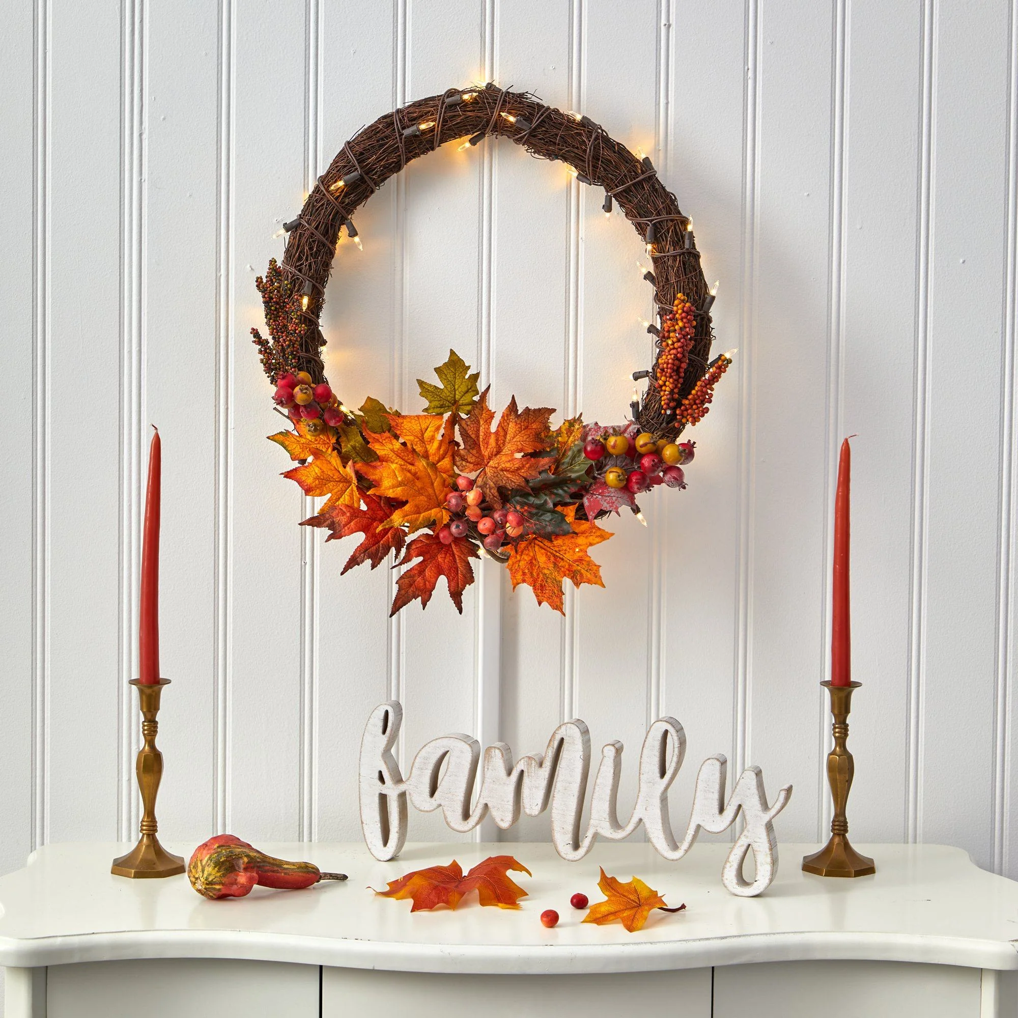 21” Maple Leaf and Berries Artificial Wreath with 50 Warm White LED Lights - Image 3
