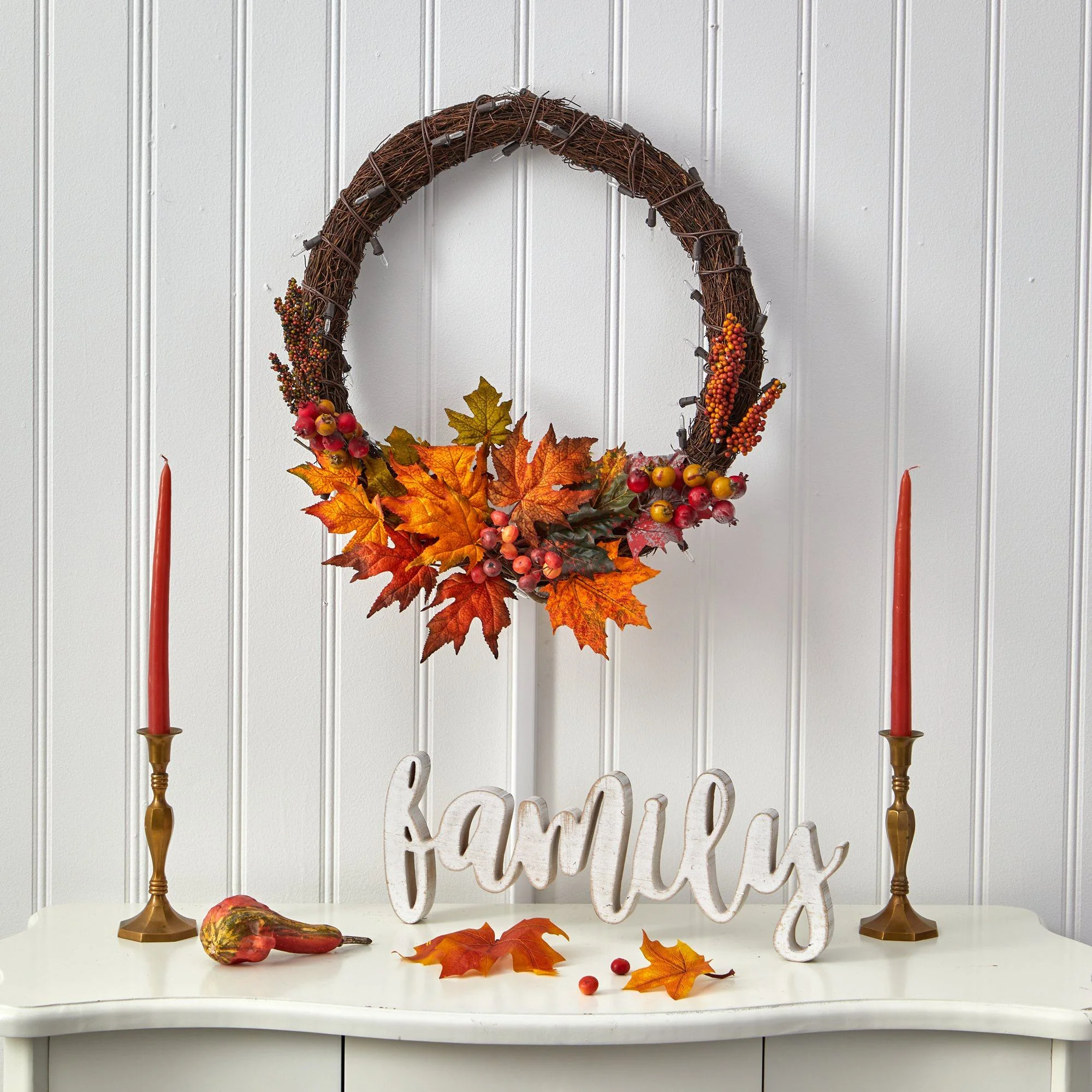 21” Maple Leaf and Berries Artificial Wreath with 50 Warm White LED Lights - Image 4