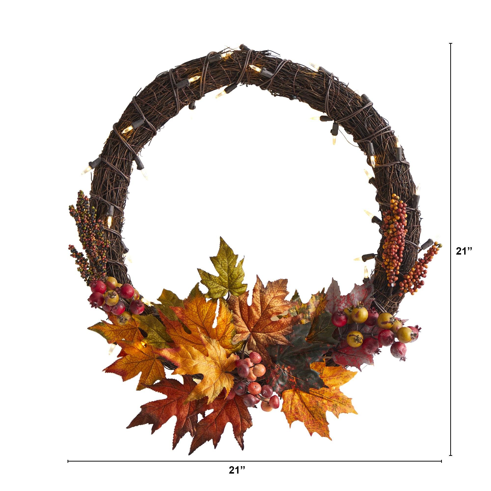21” Maple Leaf and Berries Artificial Wreath with 50 Warm White LED Lights - Image 5
